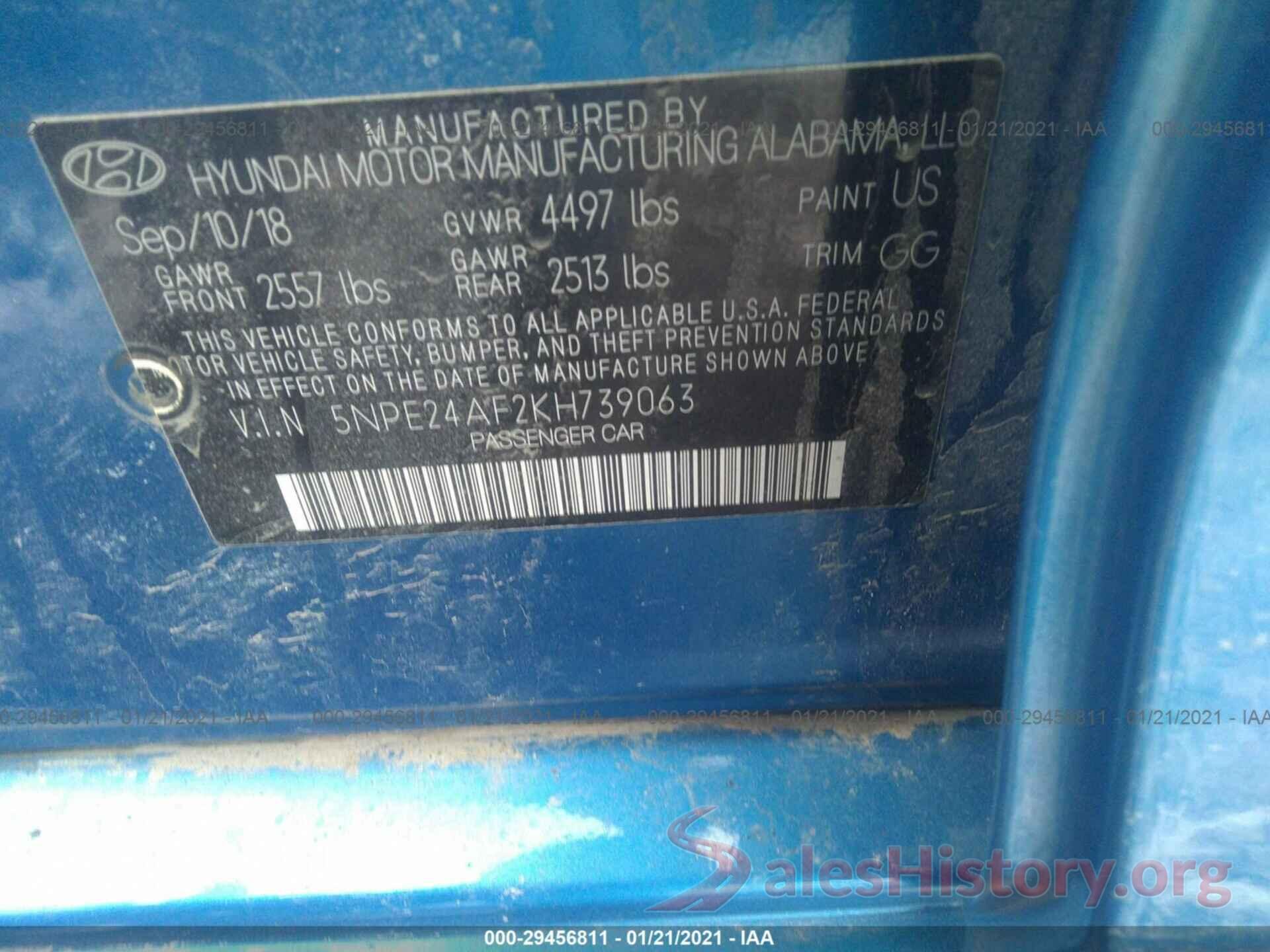 5NPE24AF2KH739063 2019 HYUNDAI SONATA