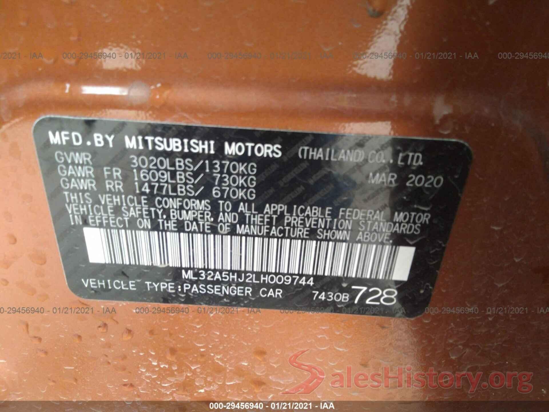 ML32A5HJ2LH009744 2020 MITSUBISHI MIRAGE