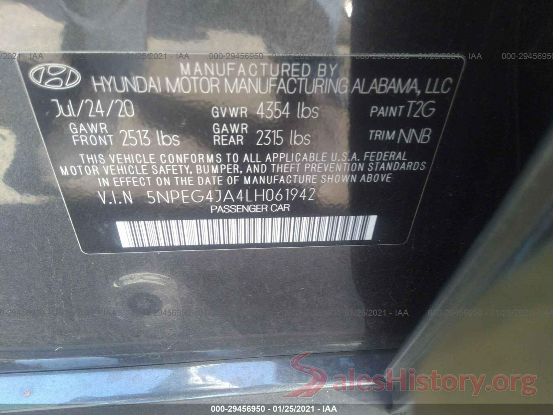 5NPEG4JA4LH061942 2020 HYUNDAI SONATA