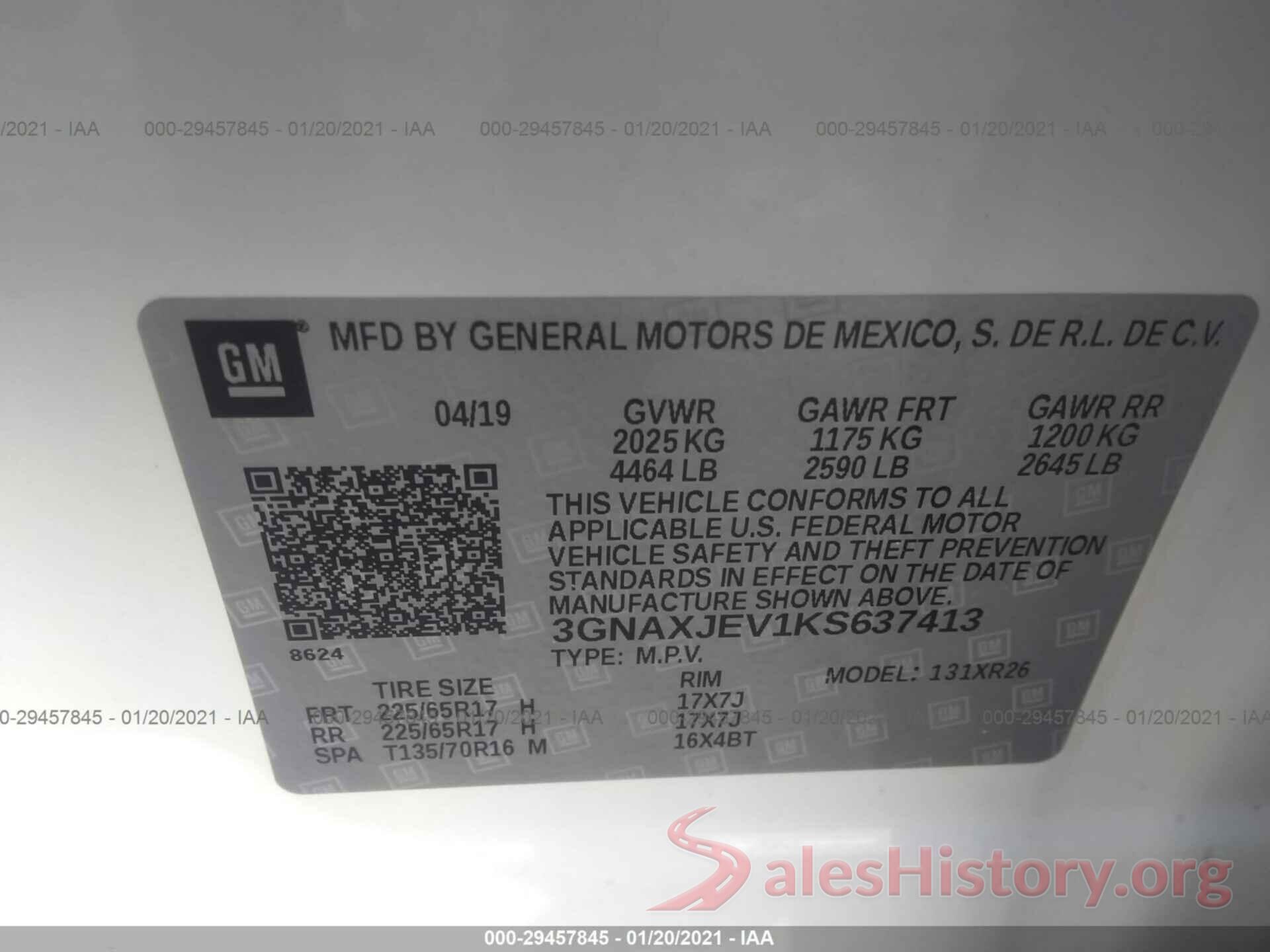 3GNAXJEV1KS637413 2019 CHEVROLET EQUINOX