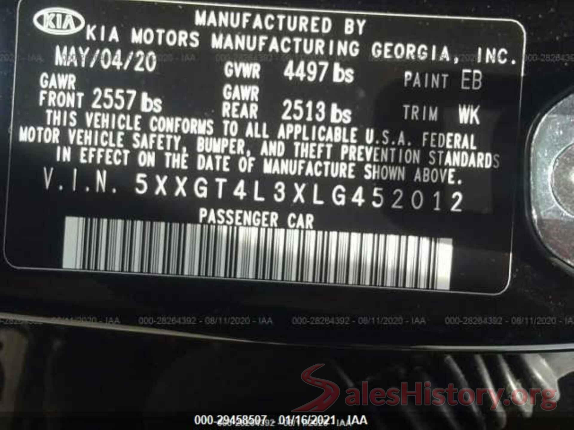 5XXGT4L3XLG452012 2020 KIA OPTIMA