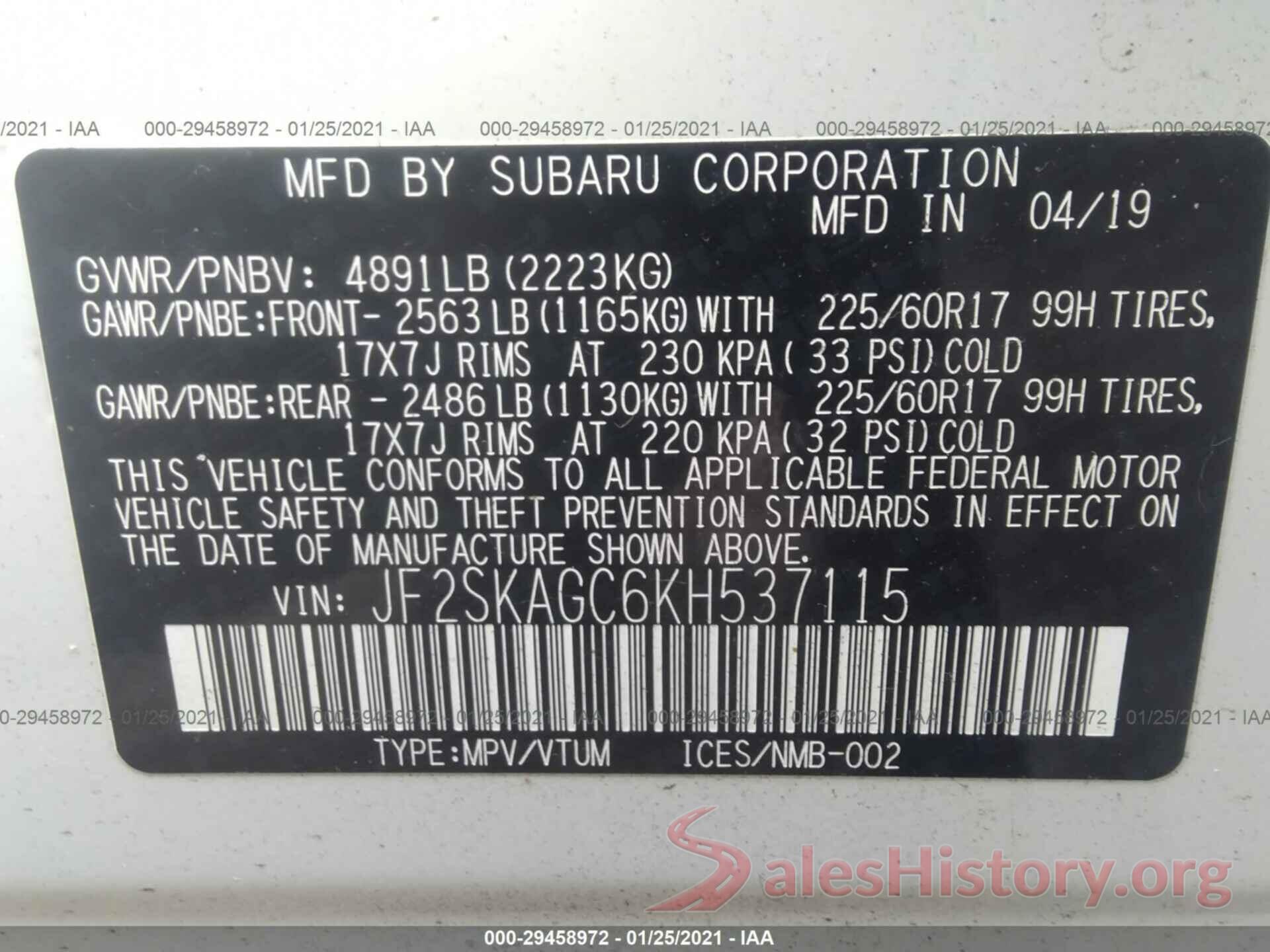 JF2SKAGC6KH537115 2019 SUBARU FORESTER