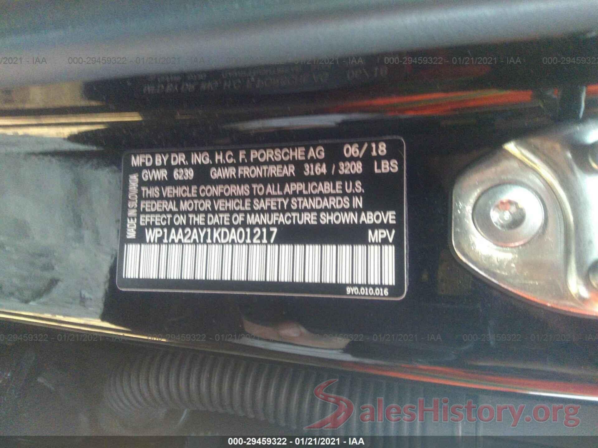 WP1AA2AY1KDA01217 2019 PORSCHE CAYENNE