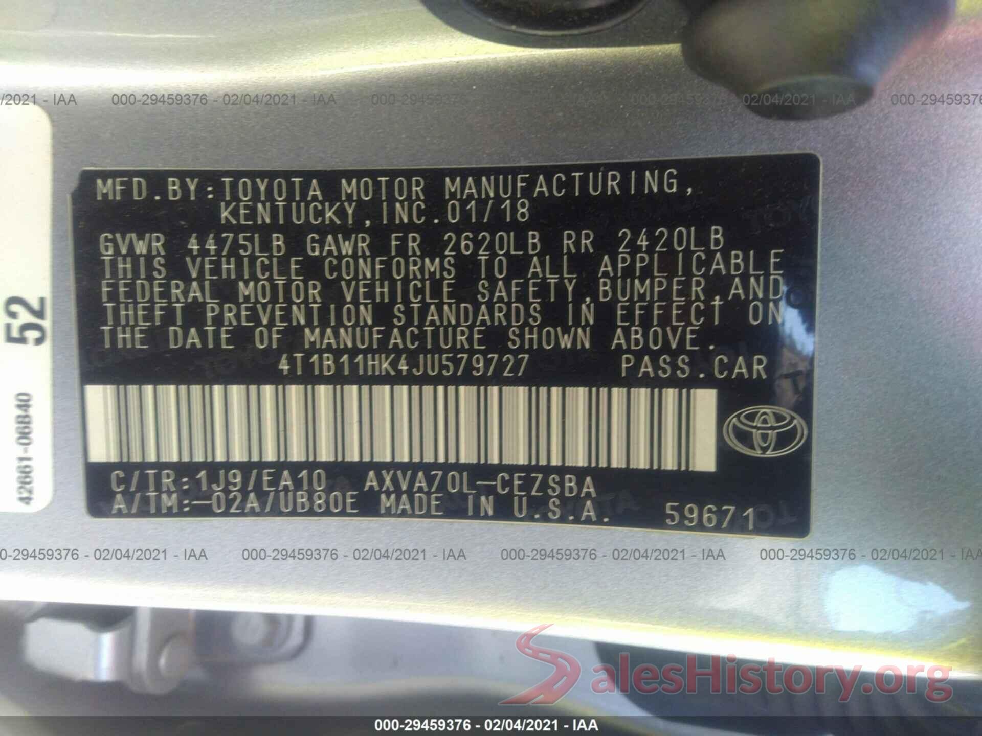 4T1B11HK4JU579727 2018 TOYOTA CAMRY