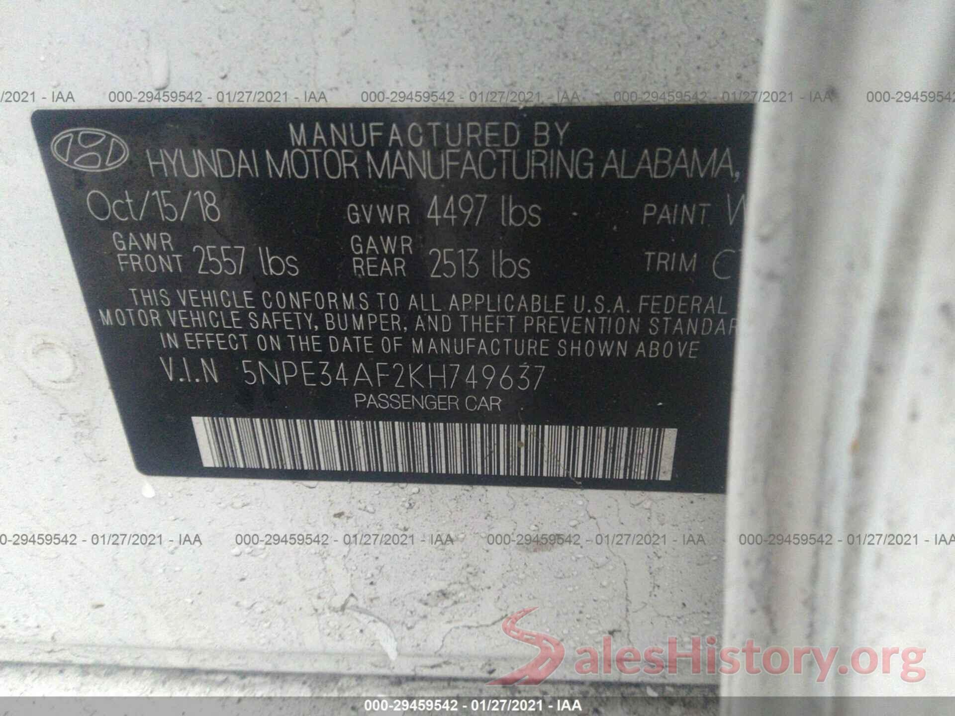 5NPE34AF2KH749637 2019 HYUNDAI SONATA