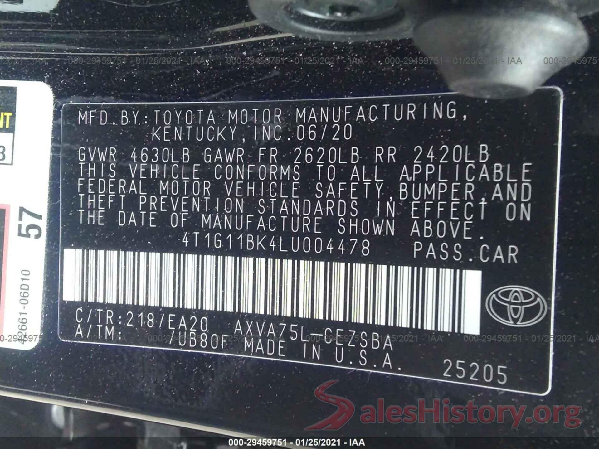 4T1G11BK4LU004478 2020 TOYOTA CAMRY