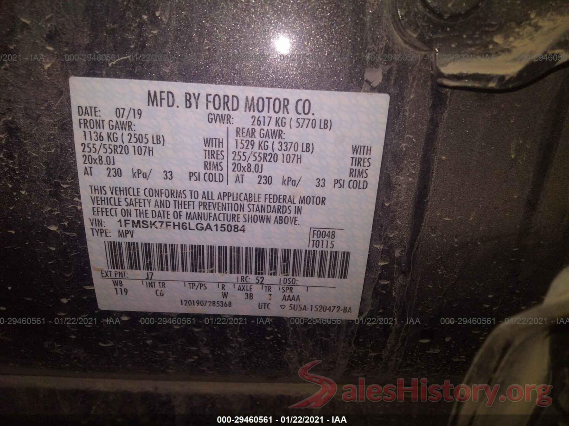 1FMSK7FH6LGA15084 2020 FORD EXPLORER