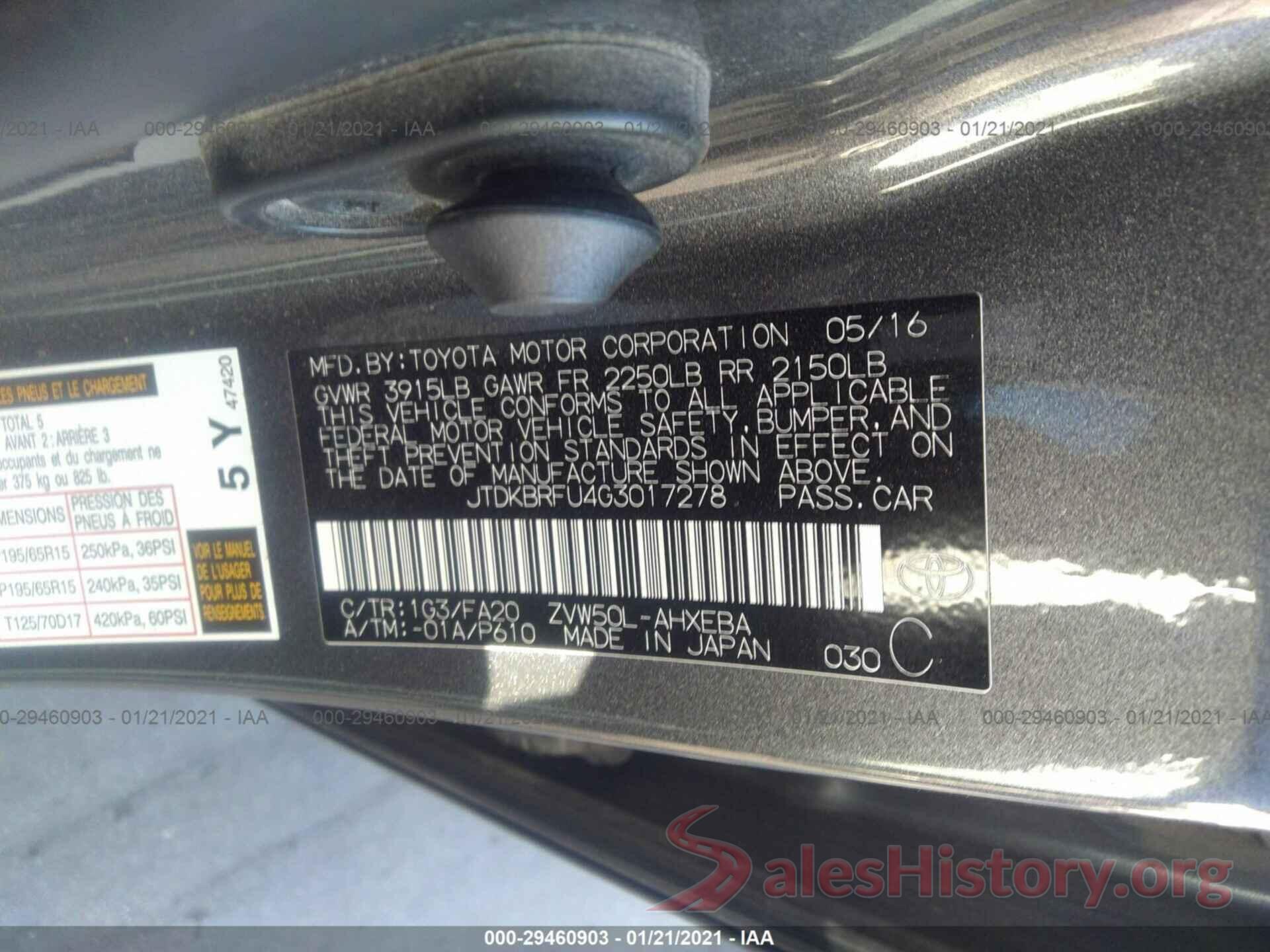 JTDKBRFU4G3017278 2016 TOYOTA PRIUS