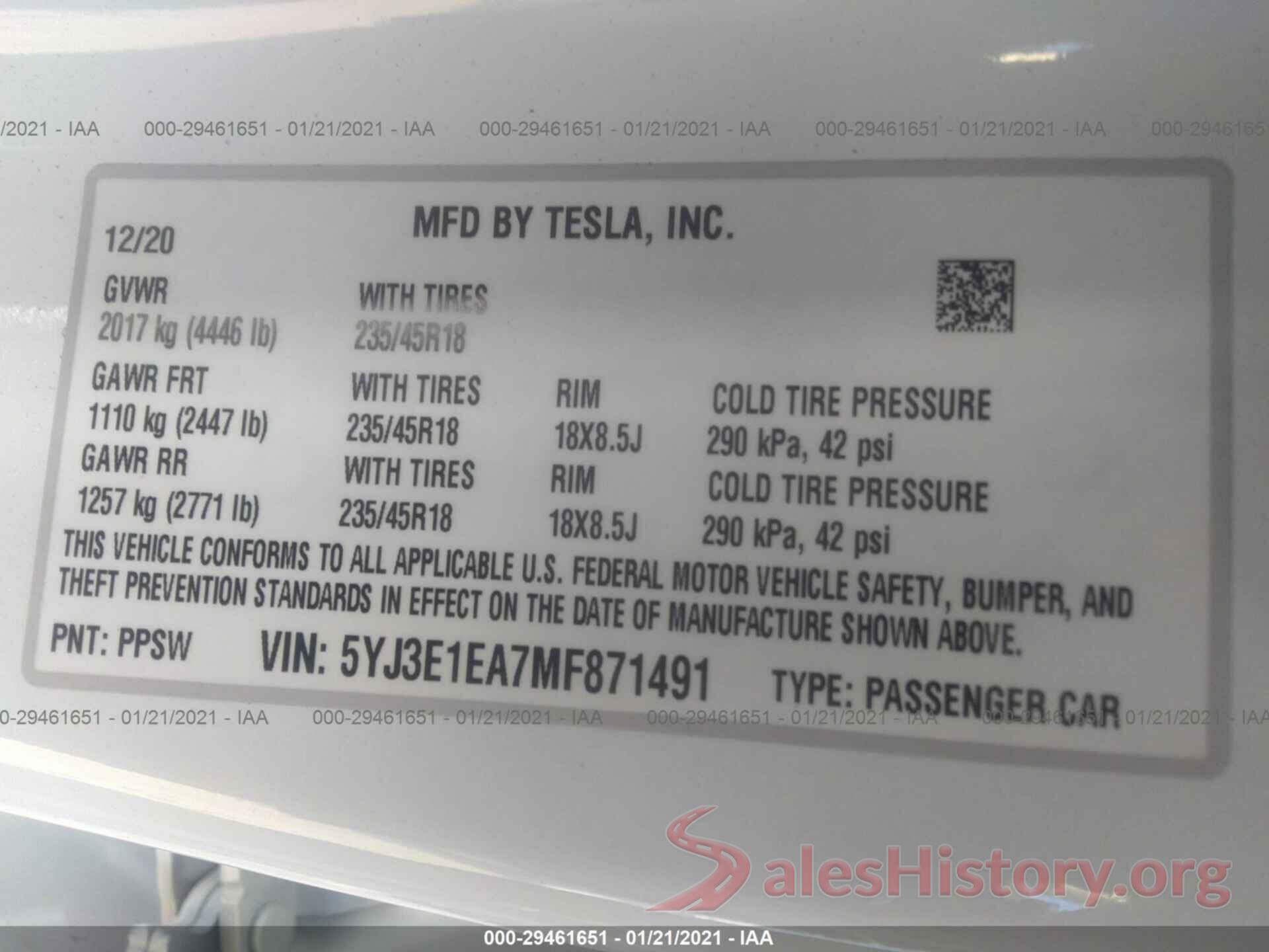 5YJ3E1EA7MF871491 2021 TESLA MODEL 3