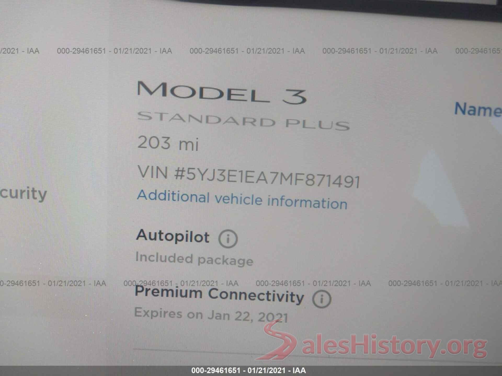 5YJ3E1EA7MF871491 2021 TESLA MODEL 3