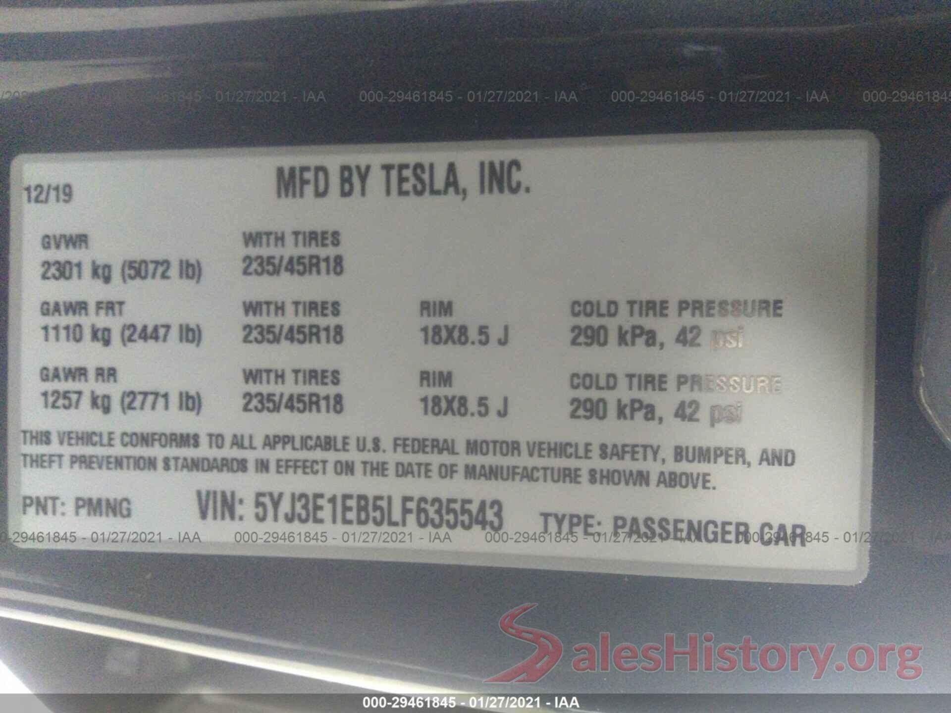 5YJ3E1EB5LF635543 2020 TESLA MODEL 3