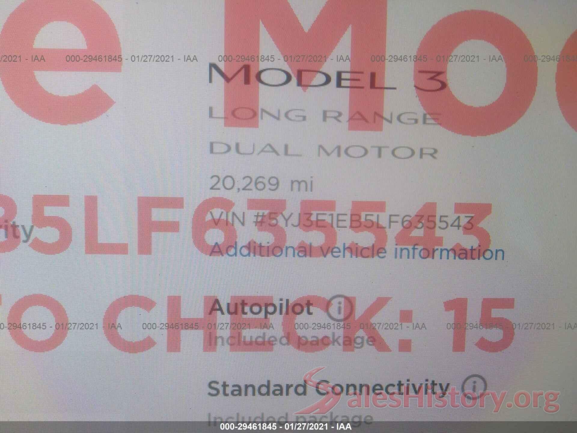 5YJ3E1EB5LF635543 2020 TESLA MODEL 3