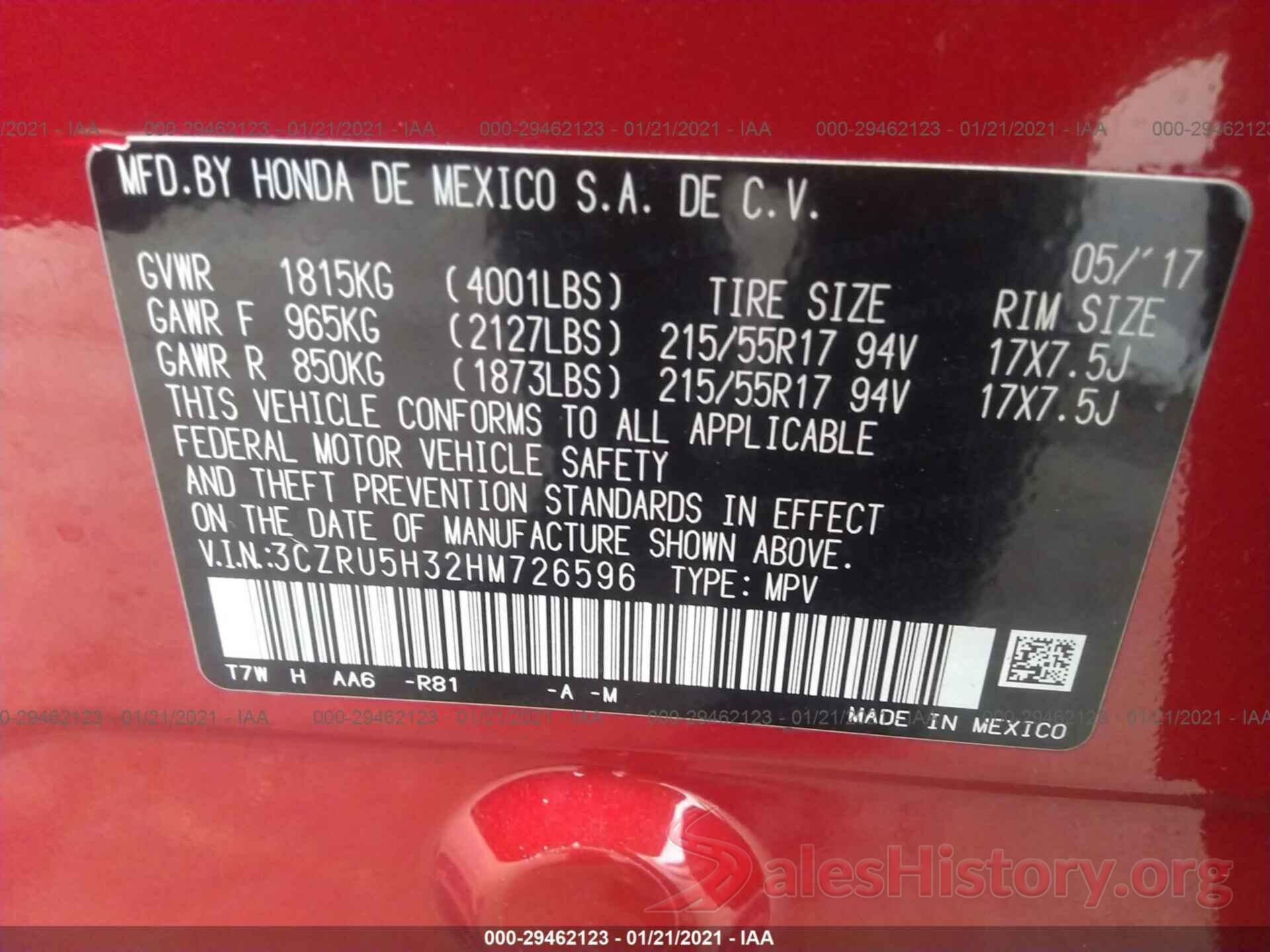 3CZRU5H32HM726596 2017 HONDA HR-V