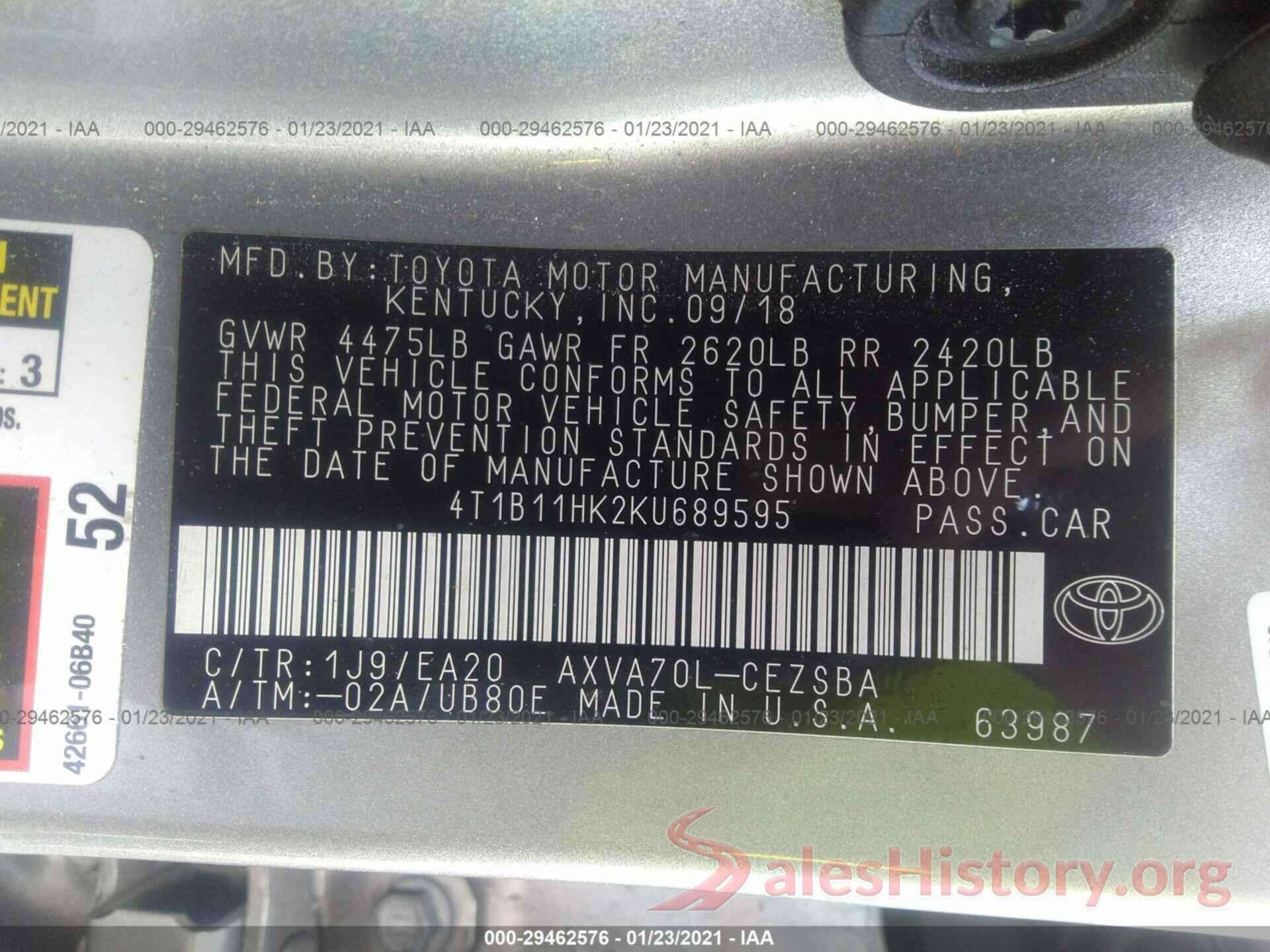 4T1B11HK2KU689595 2019 TOYOTA CAMRY