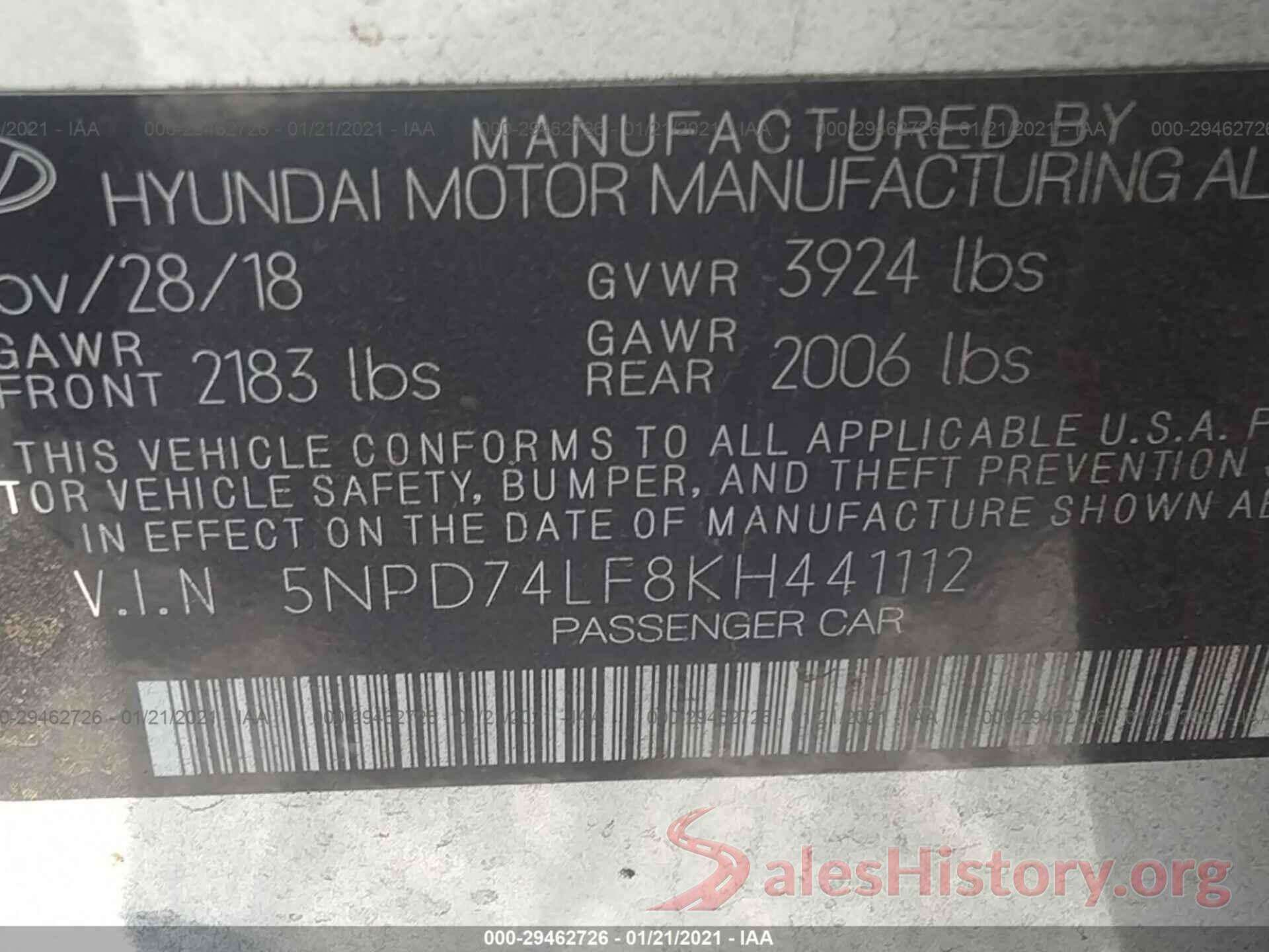 5NPD74LF8KH441112 2019 HYUNDAI ELANTRA