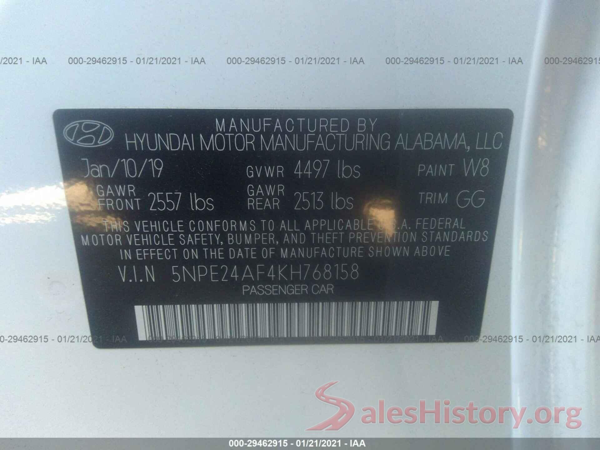 5NPE24AF4KH768158 2019 HYUNDAI SONATA