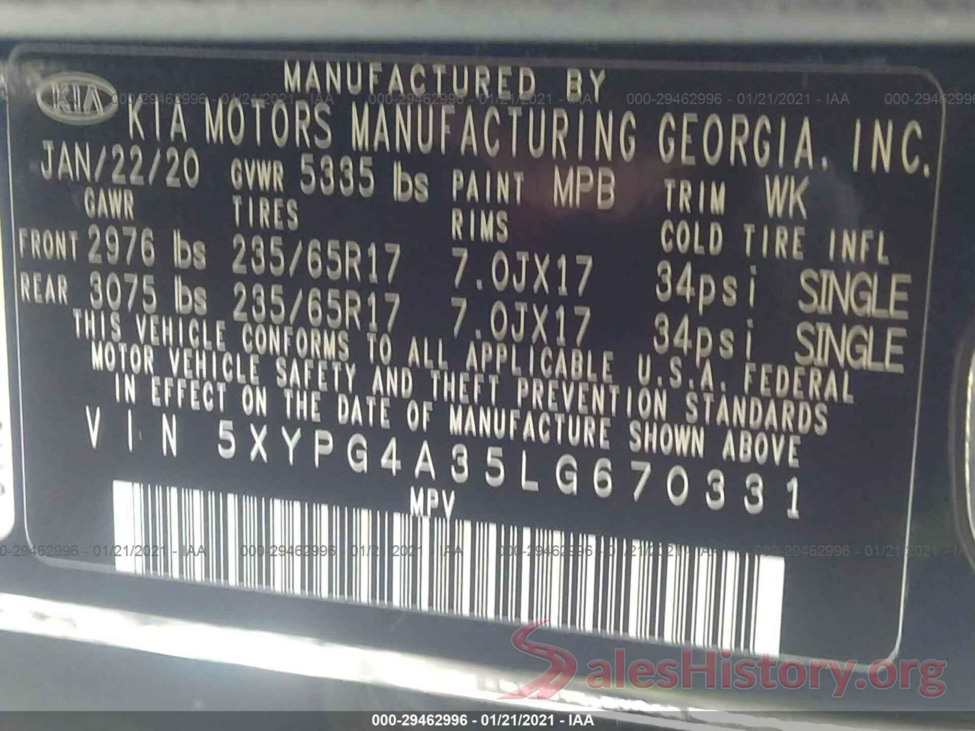 5XYPG4A35LG670331 2020 KIA SORENTO