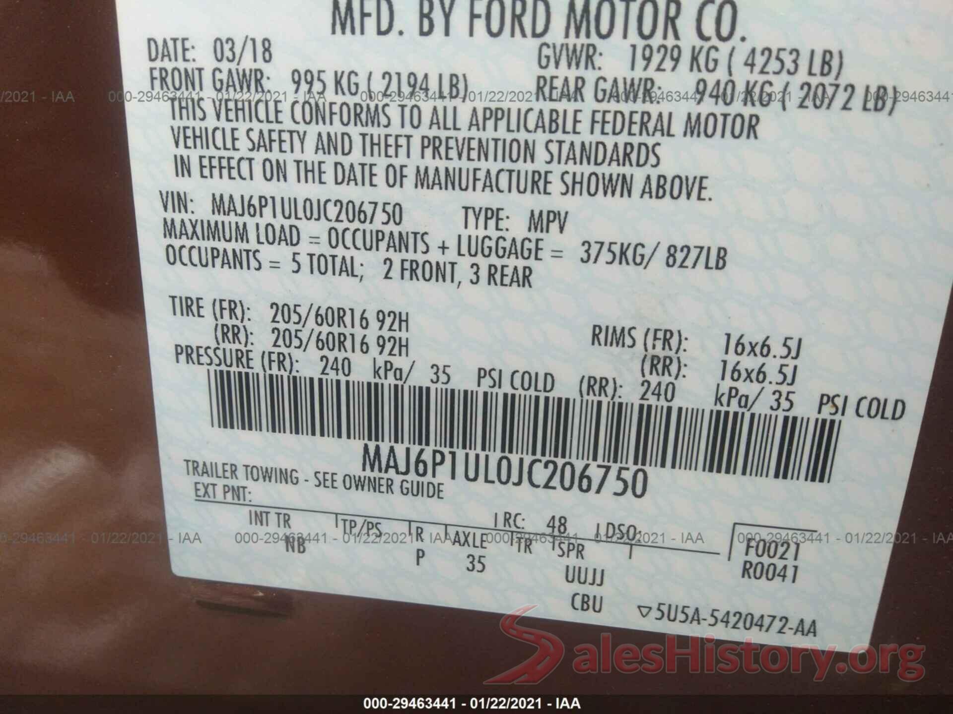 MAJ6P1UL0JC206750 2018 FORD ECOSPORT