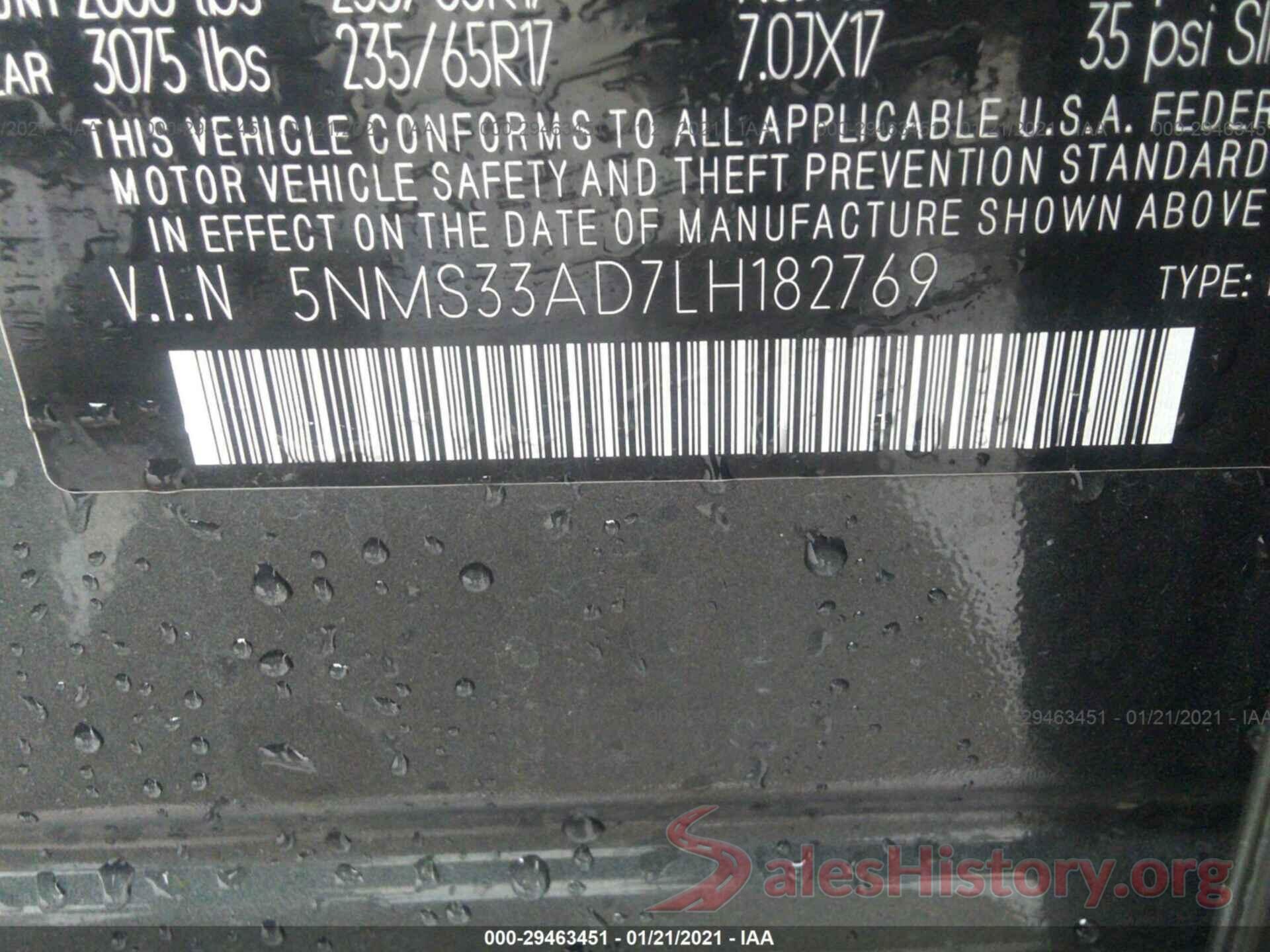 5NMS33AD7LH182769 2020 HYUNDAI SANTA FE