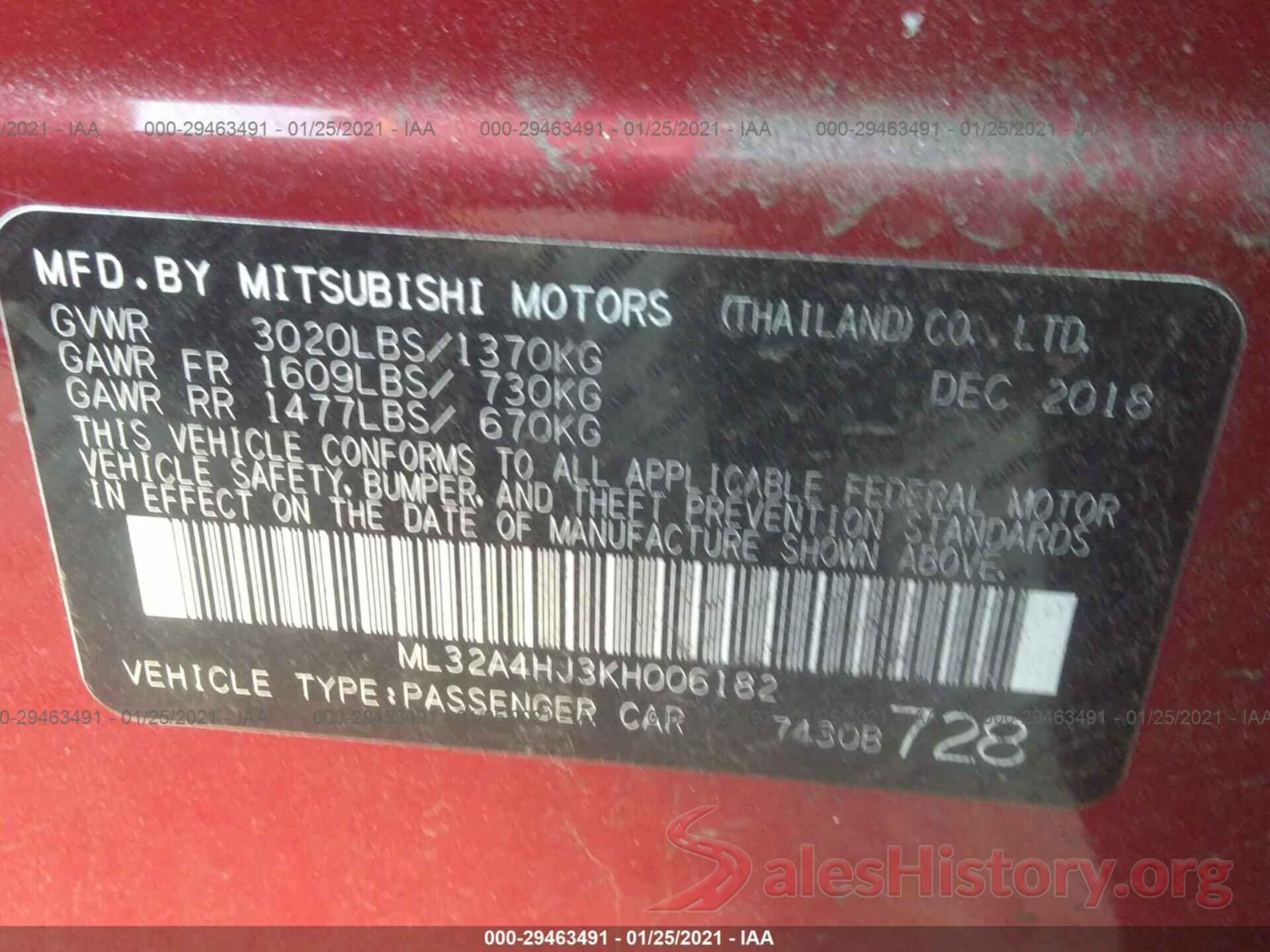 ML32A4HJ3KH006182 2019 MITSUBISHI MIRAGE