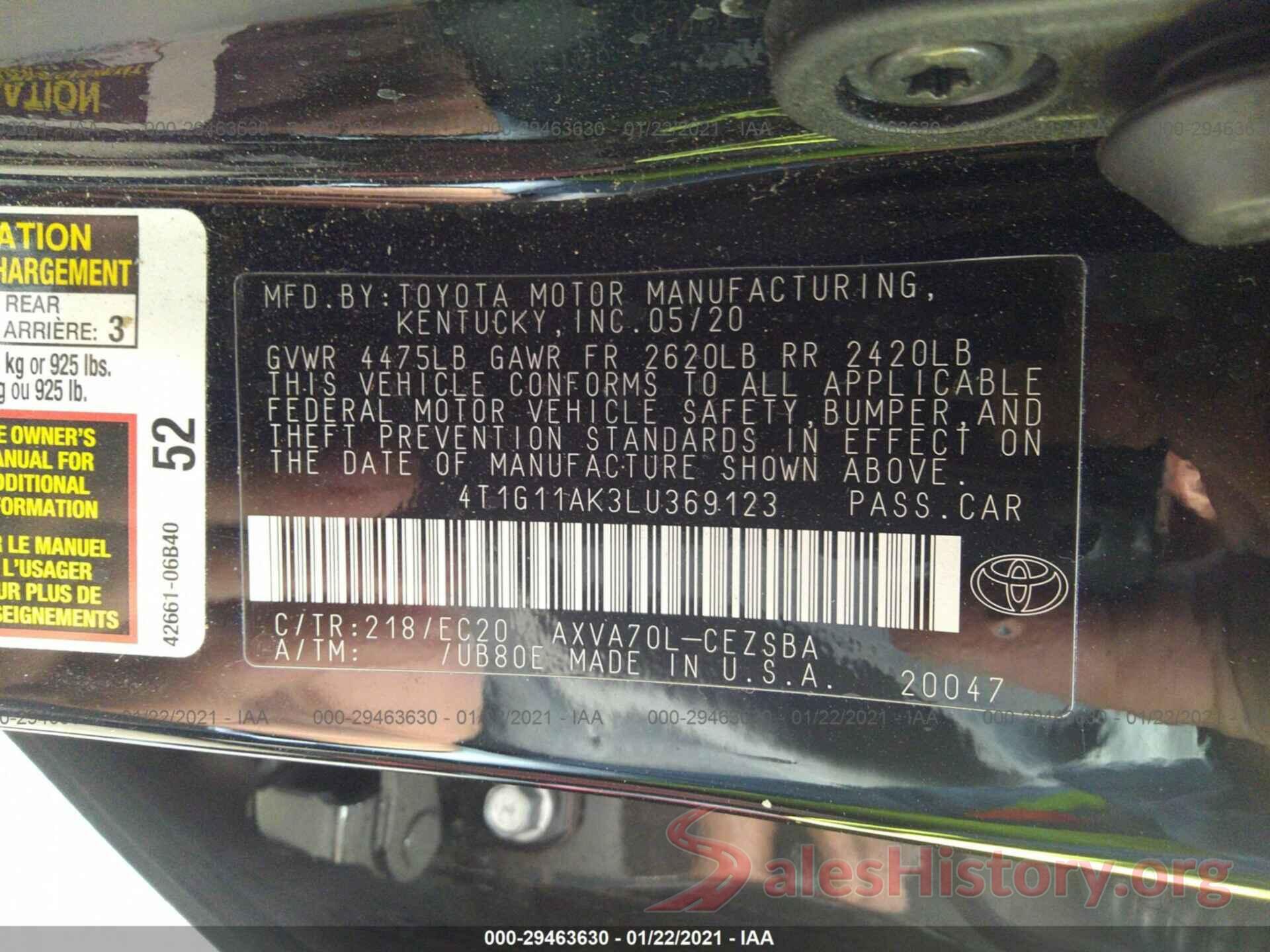 4T1G11AK3LU369123 2020 TOYOTA CAMRY