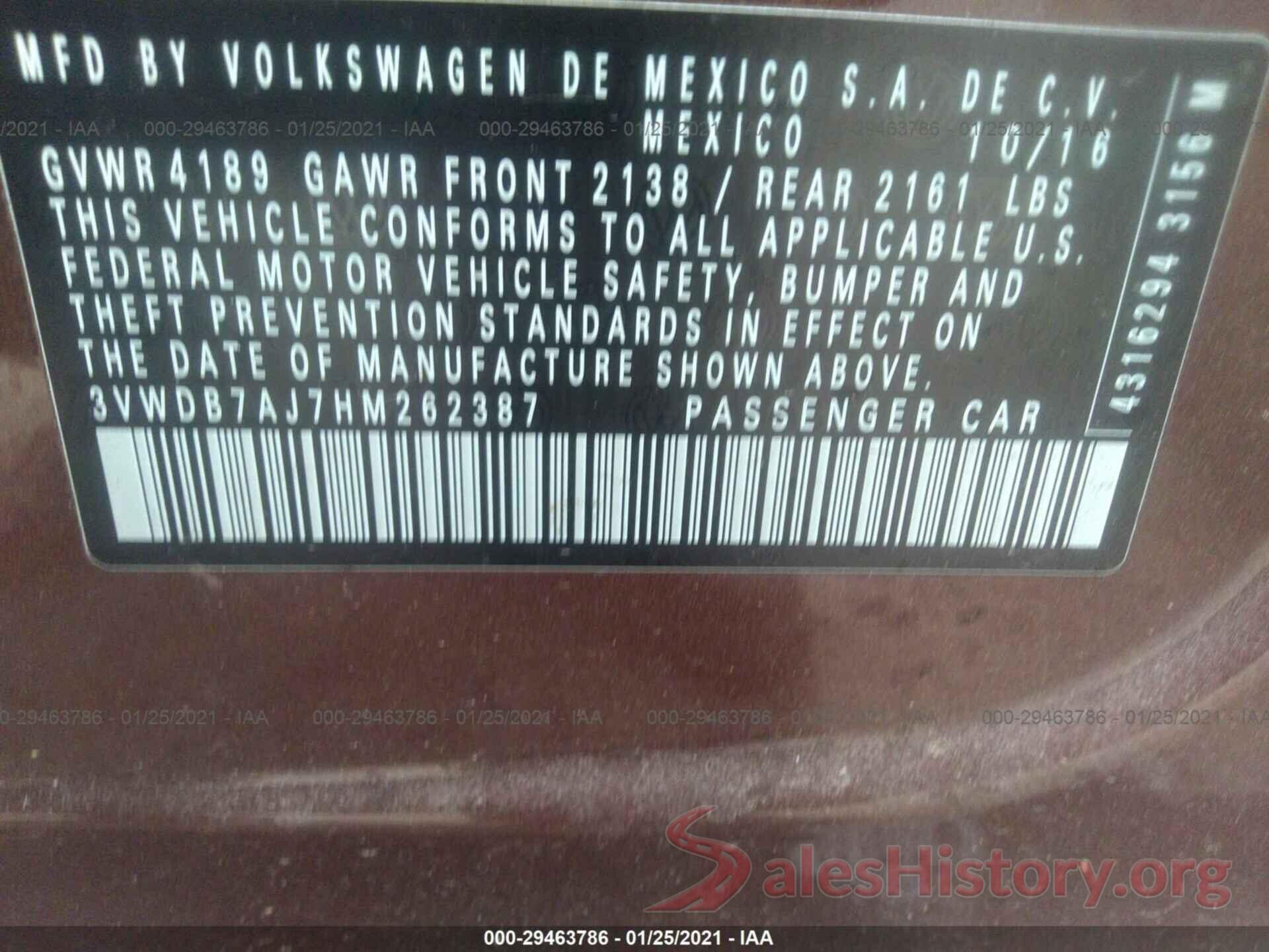 3VWDB7AJ7HM262387 2017 VOLKSWAGEN JETTA