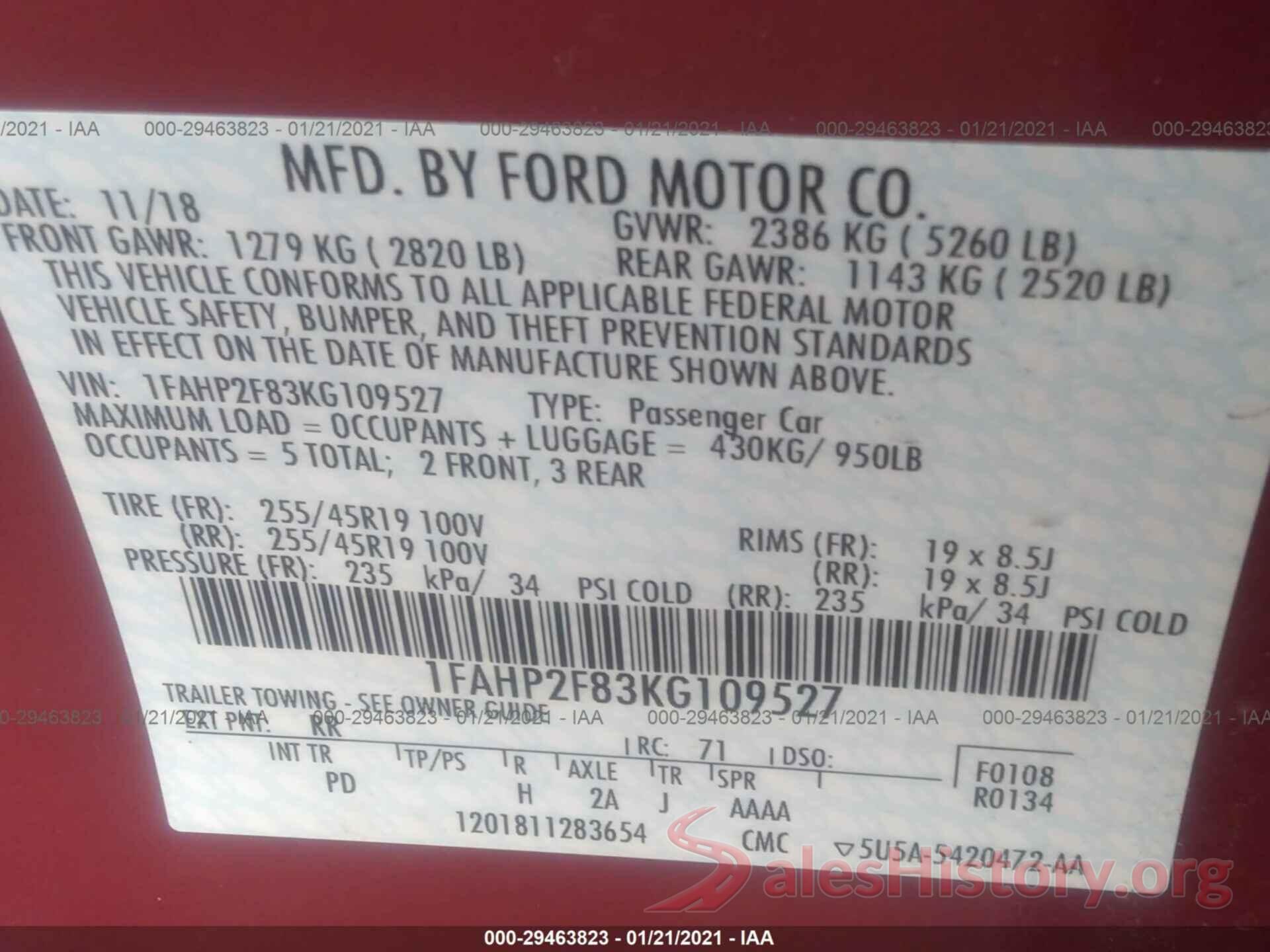 1FAHP2F83KG109527 2019 FORD TAURUS