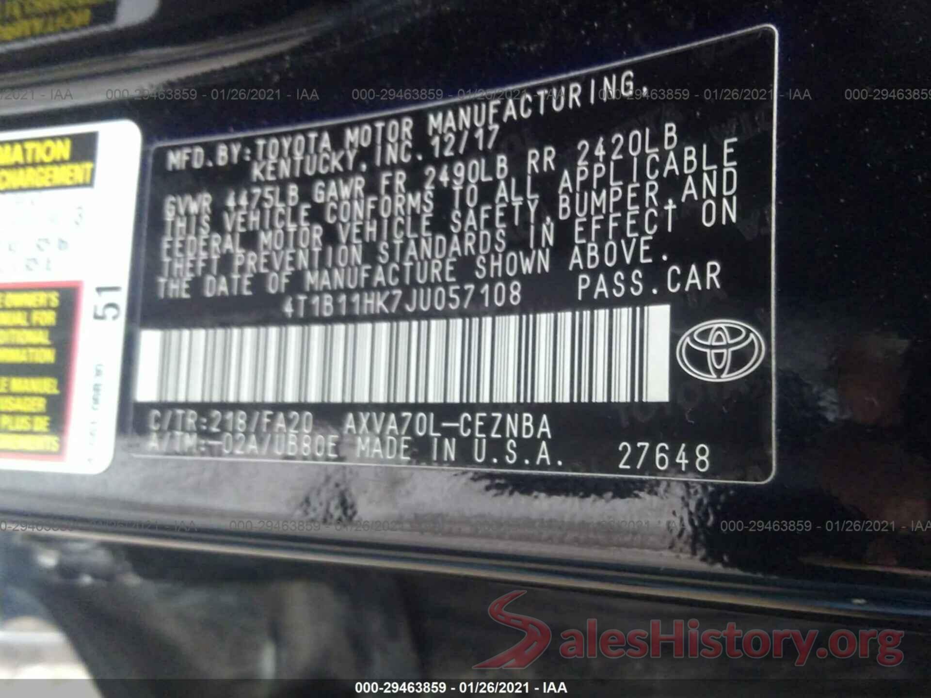 4T1B11HK7JU057108 2018 TOYOTA CAMRY