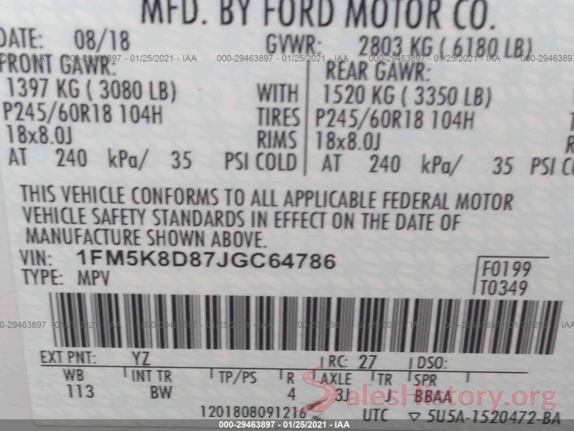 1FM5K8D87JGC64786 2018 FORD EXPLORER