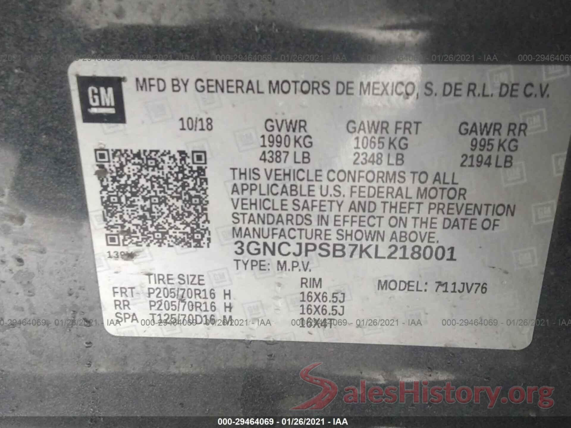 3GNCJPSB7KL218001 2019 CHEVROLET TRAX