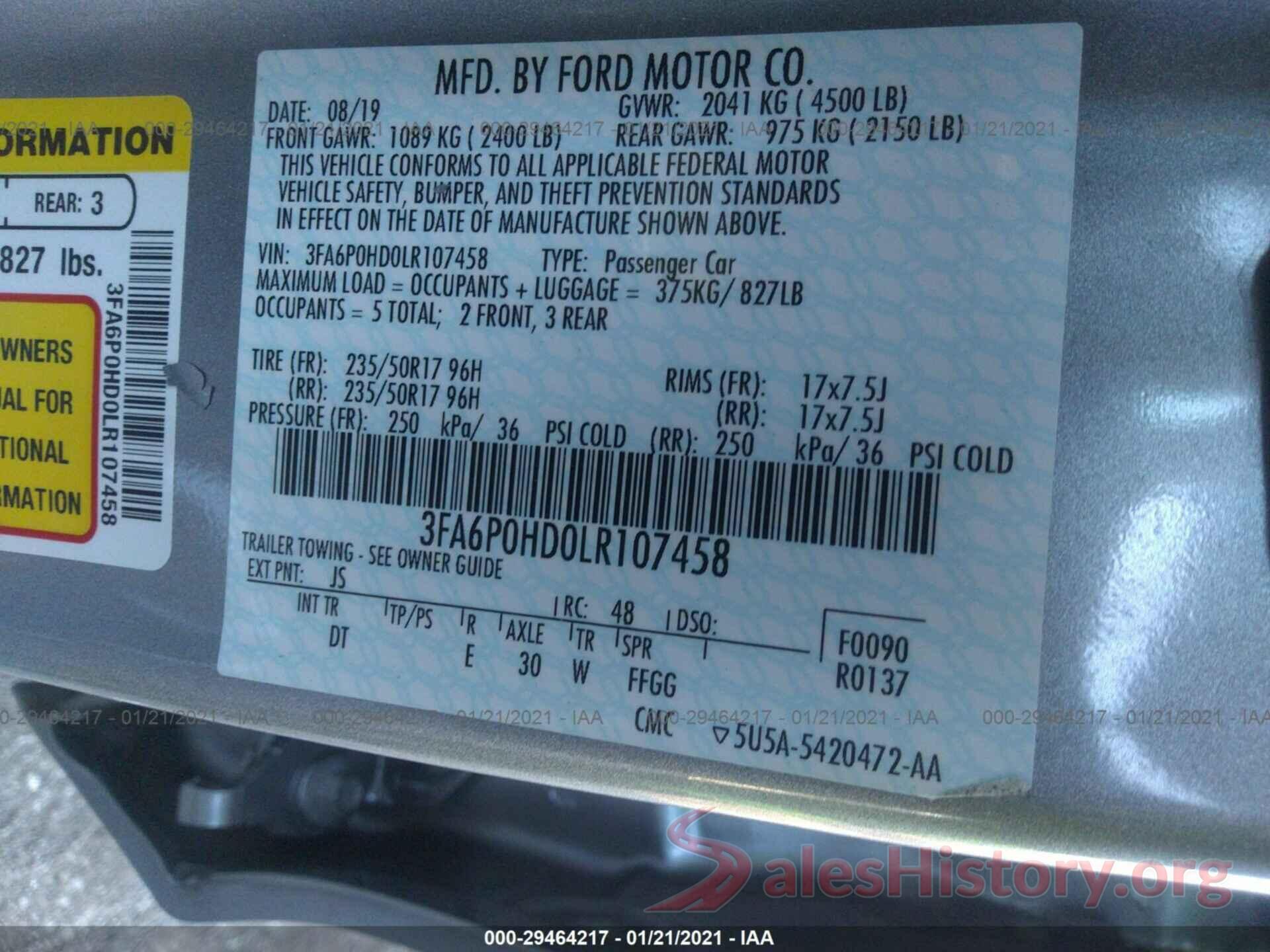 3FA6P0HD0LR107458 2020 FORD FUSION