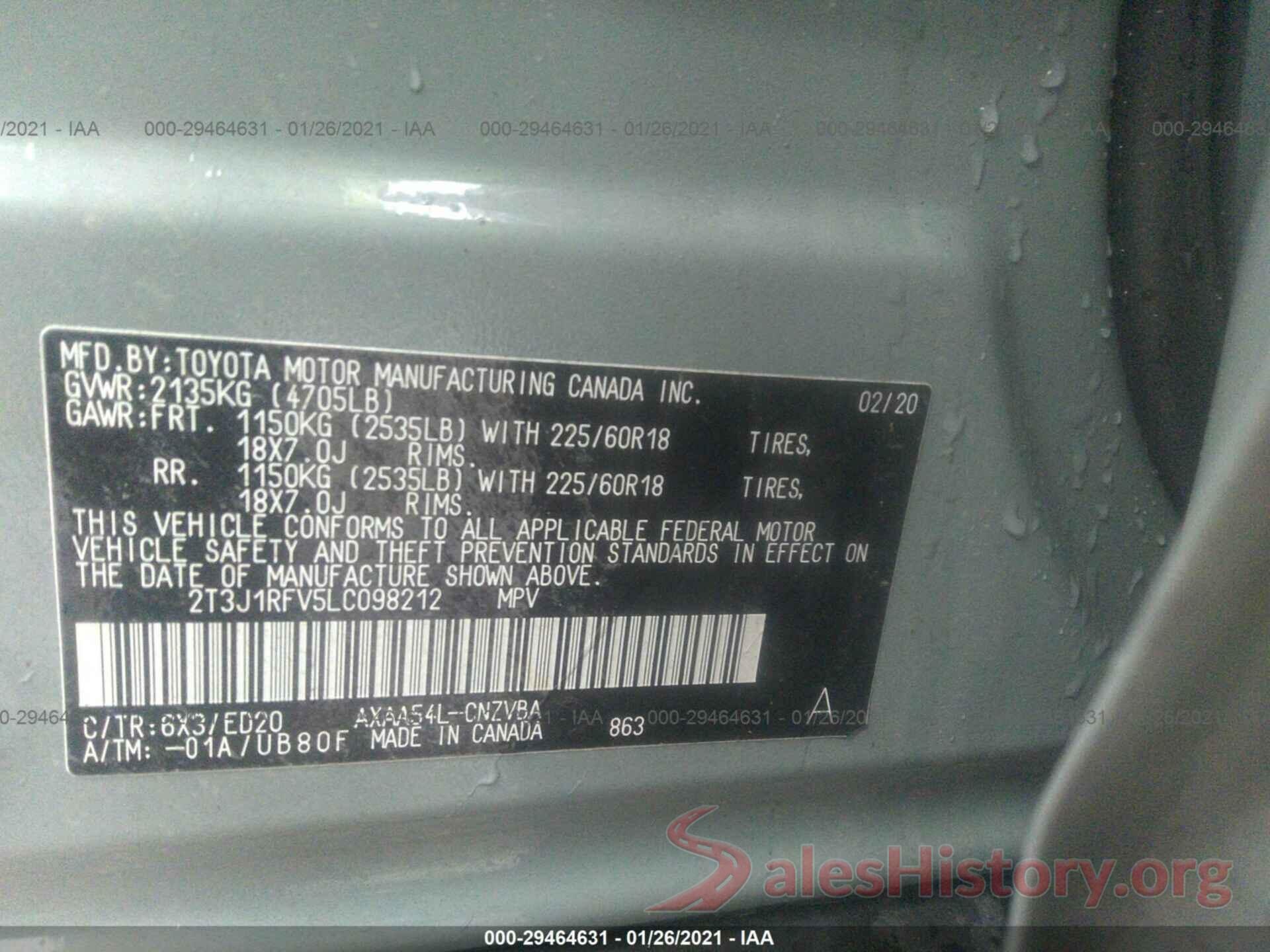 2T3J1RFV5LC098212 2020 TOYOTA RAV4