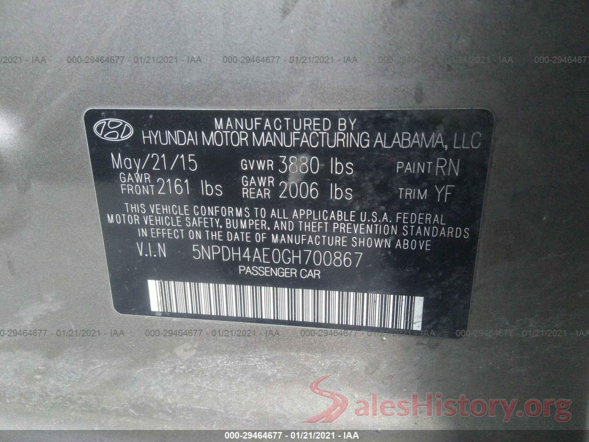 5NPDH4AE0GH700867 2016 HYUNDAI ELANTRA