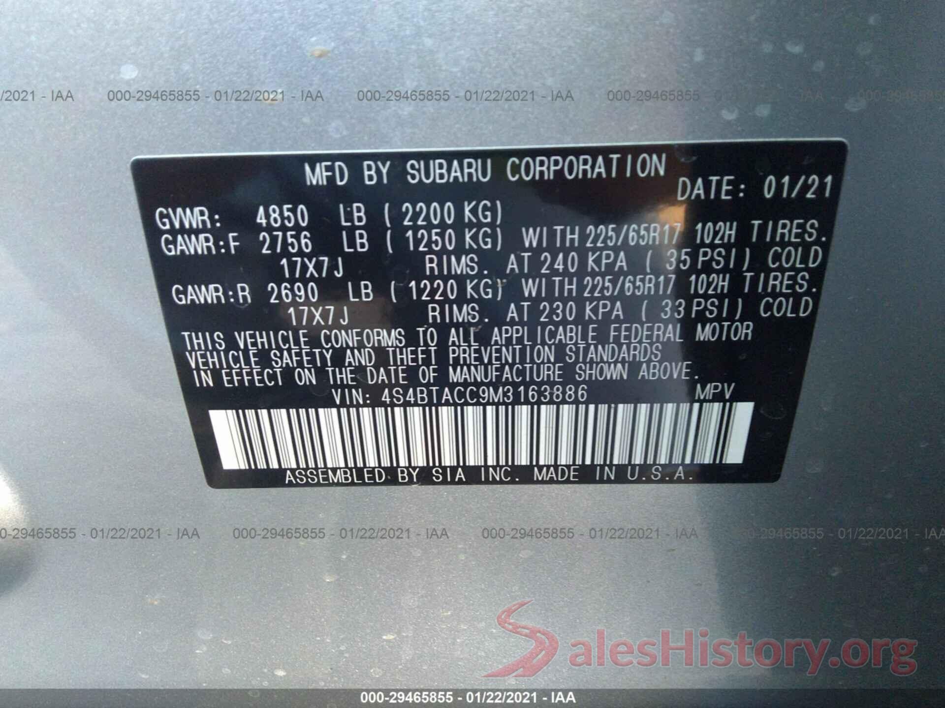 4S4BTACC9M3163886 2021 SUBARU OUTBACK