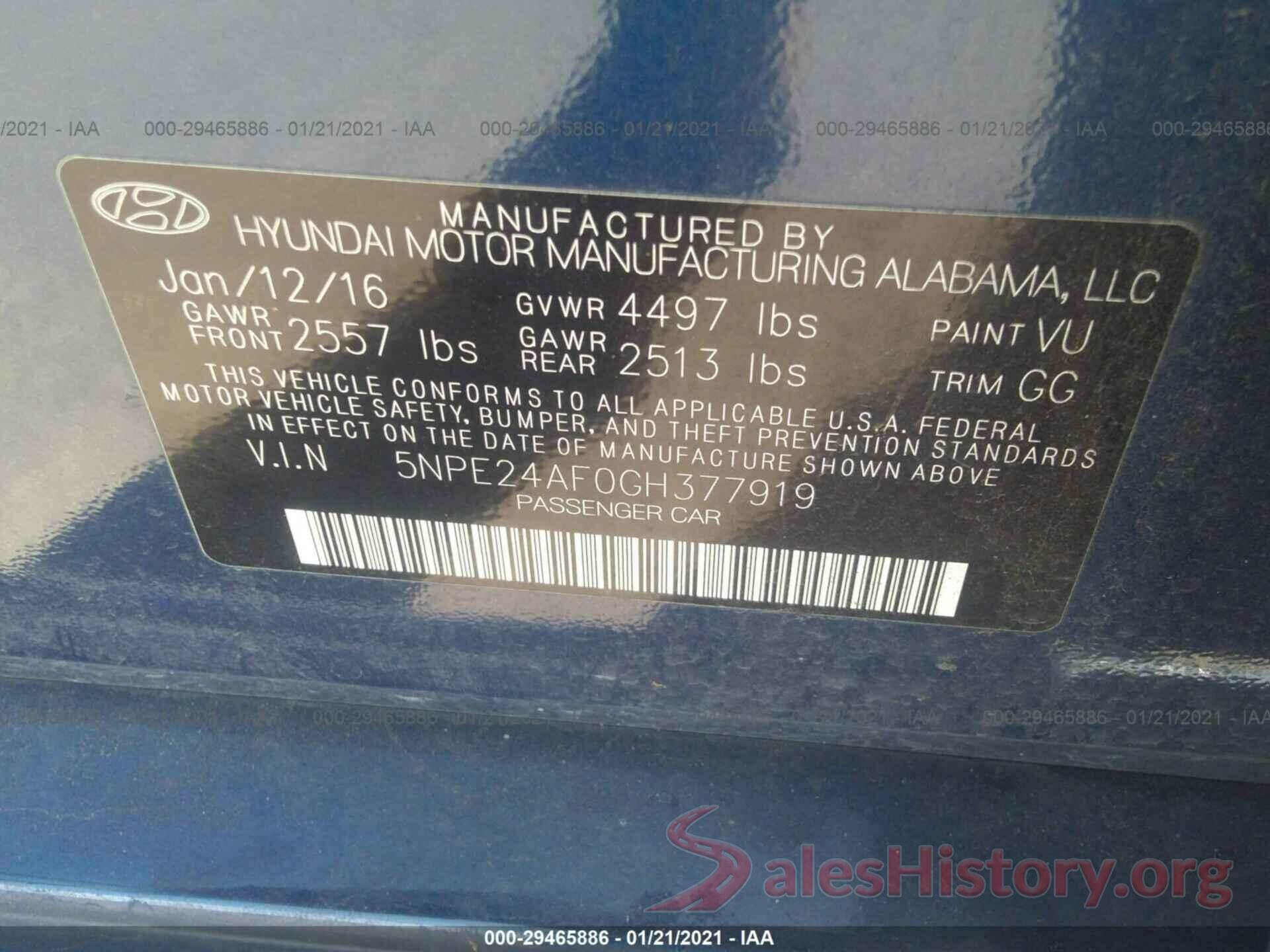 5NPE24AF0GH377919 2016 HYUNDAI SONATA