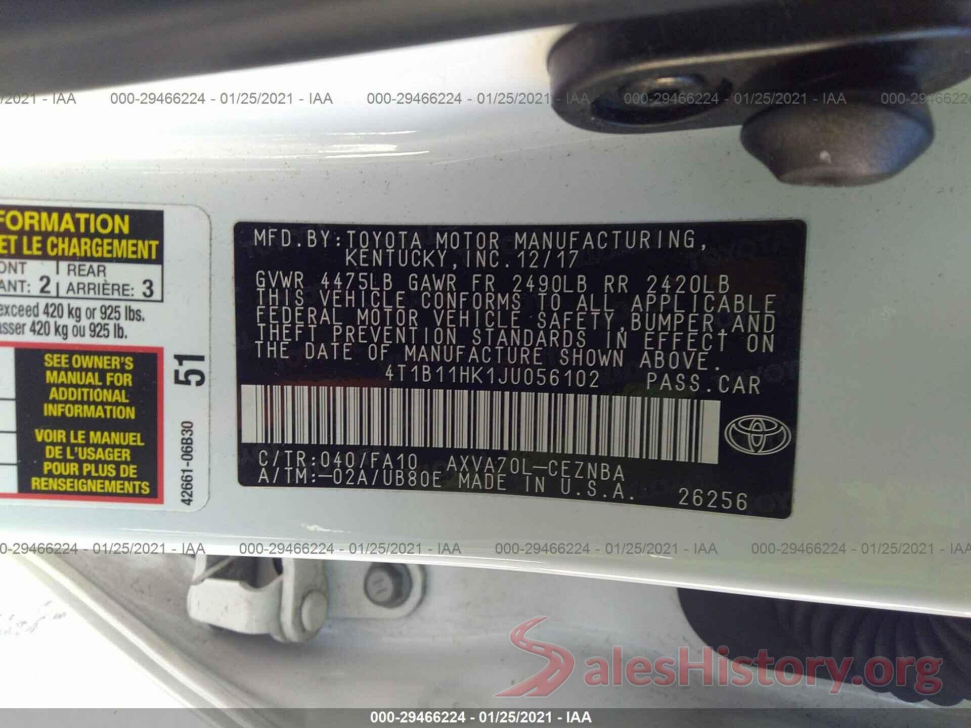 4T1B11HK1JU056102 2018 TOYOTA CAMRY