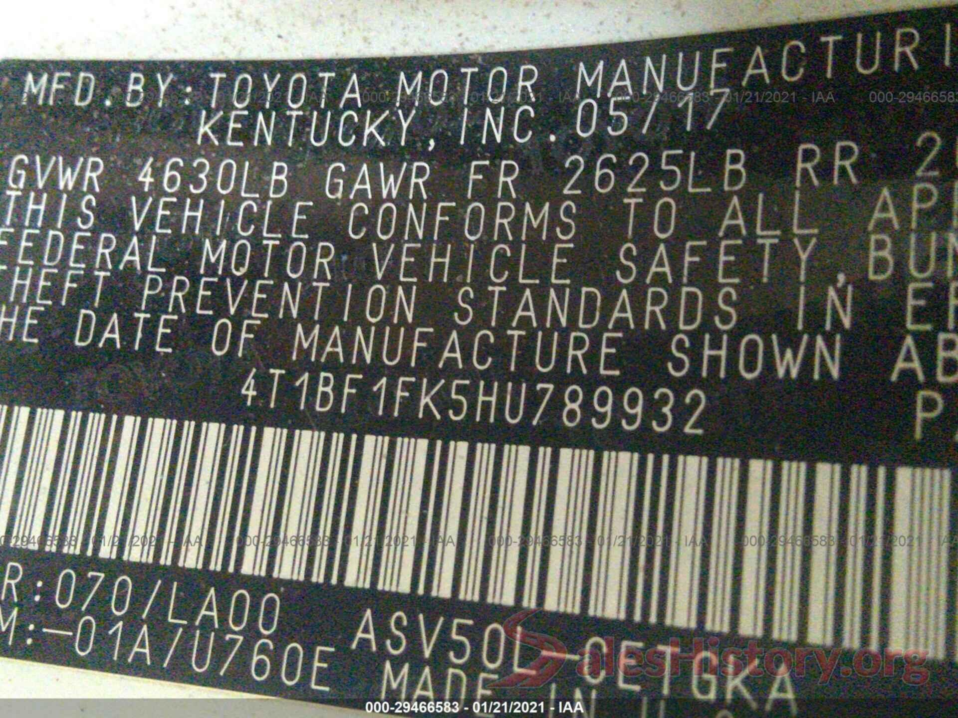 4T1BF1FK5HU789932 2017 TOYOTA CAMRY