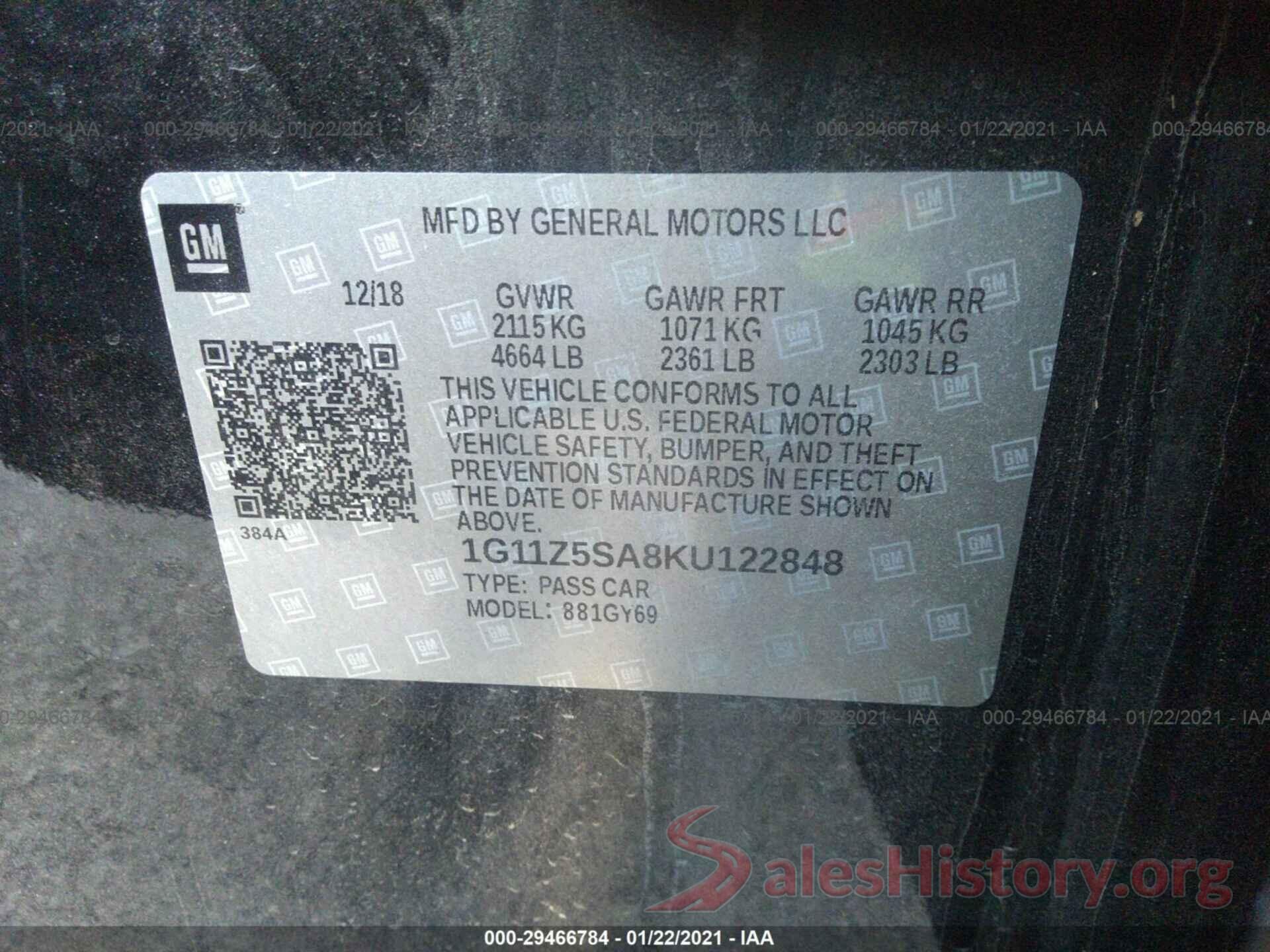 1G11Z5SA8KU122848 2019 CHEVROLET IMPALA