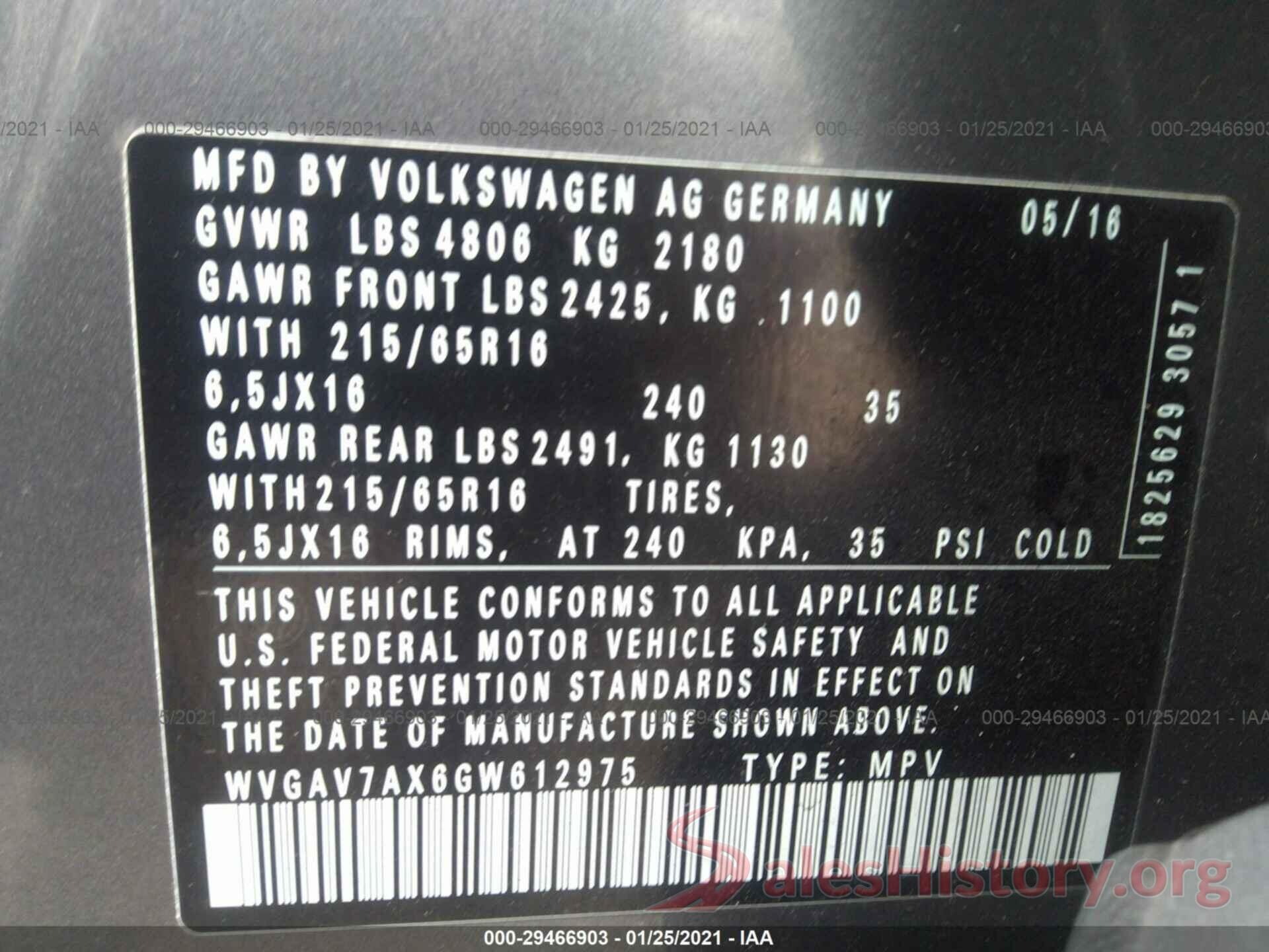 WVGAV7AX6GW612975 2016 VOLKSWAGEN TIGUAN