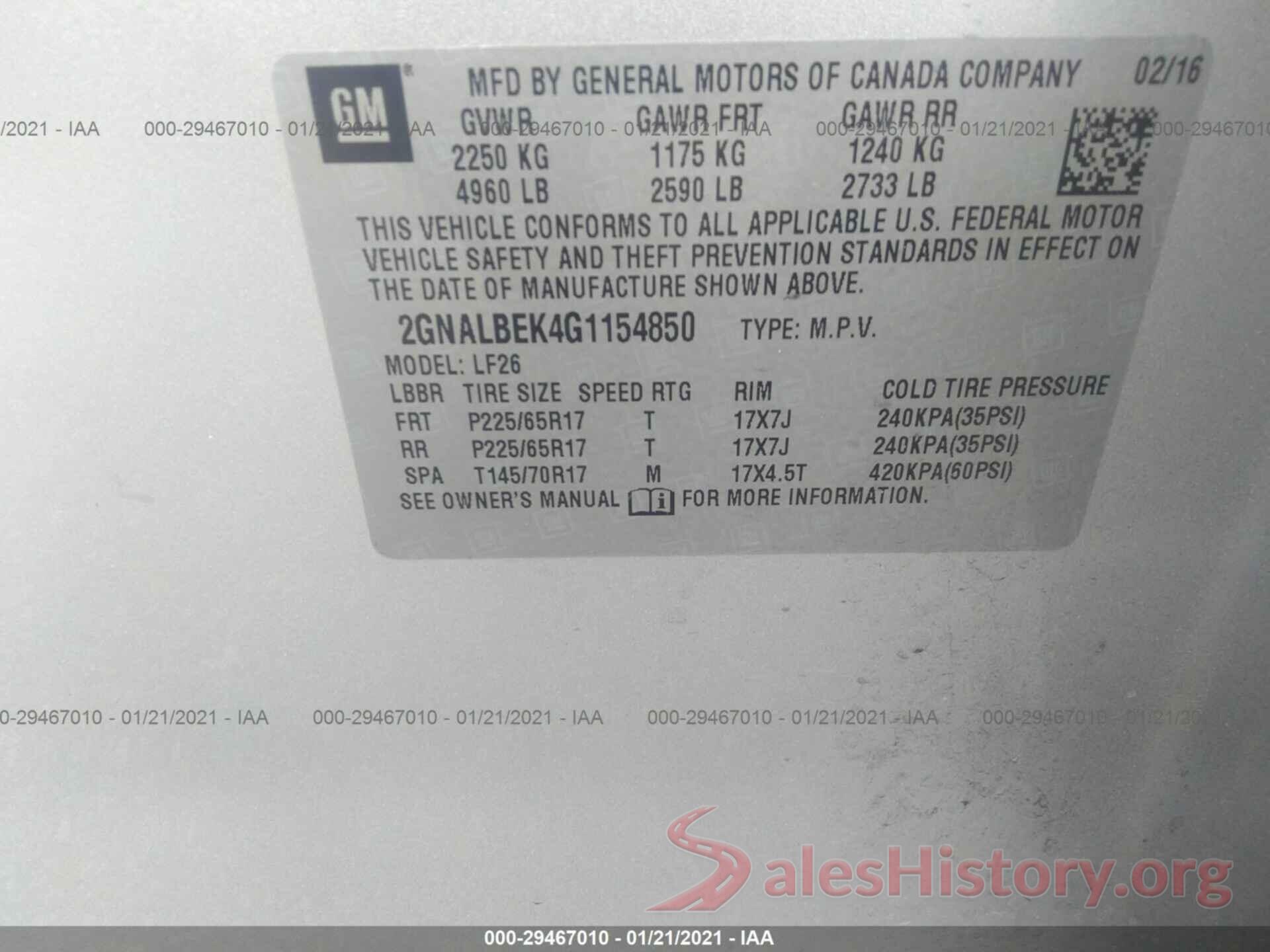 2GNALBEK4G1154850 2016 CHEVROLET EQUINOX