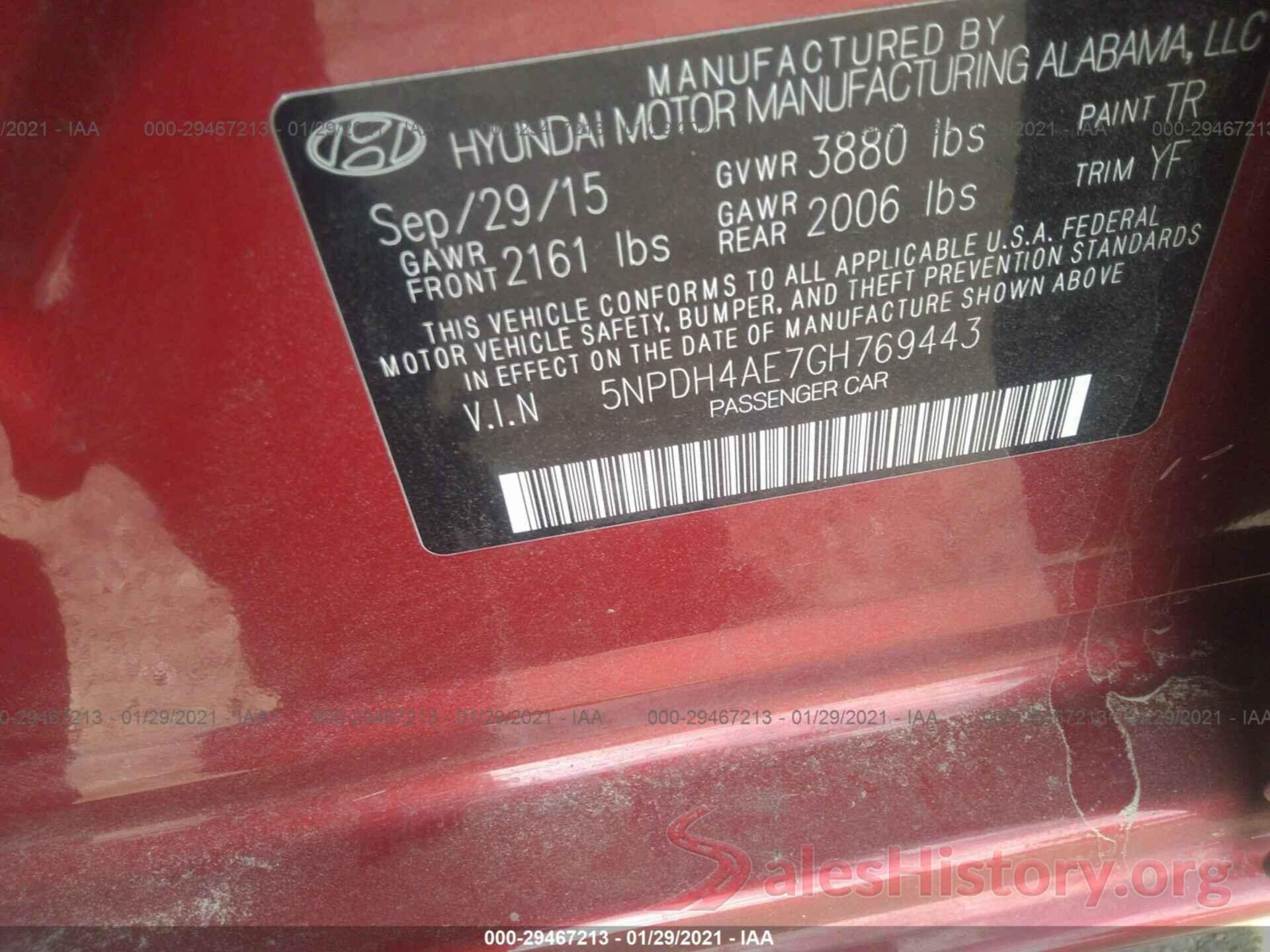 5NPDH4AE7GH769443 2016 HYUNDAI ELANTRA