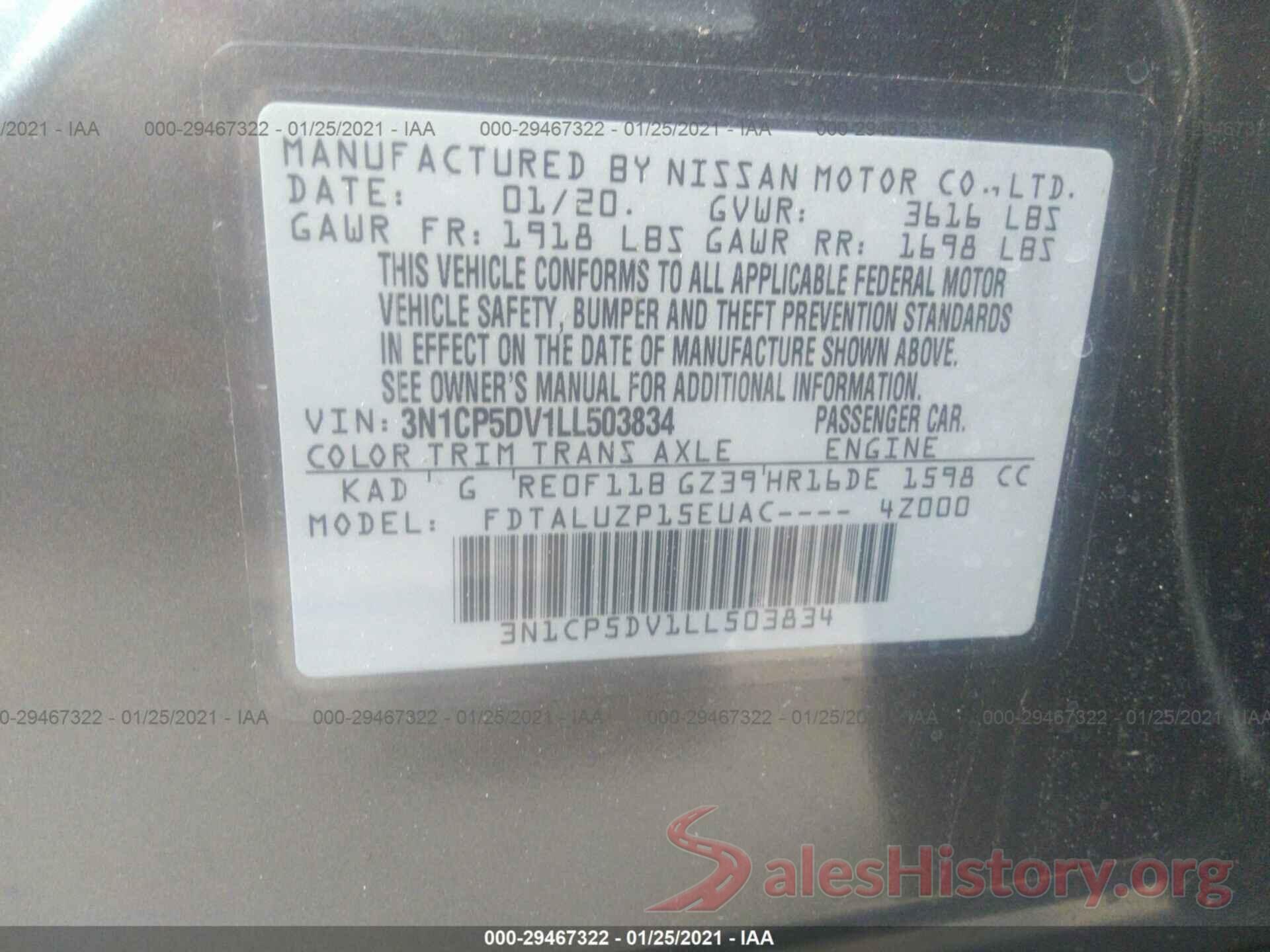 3N1CP5DV1LL503834 2020 NISSAN KICKS