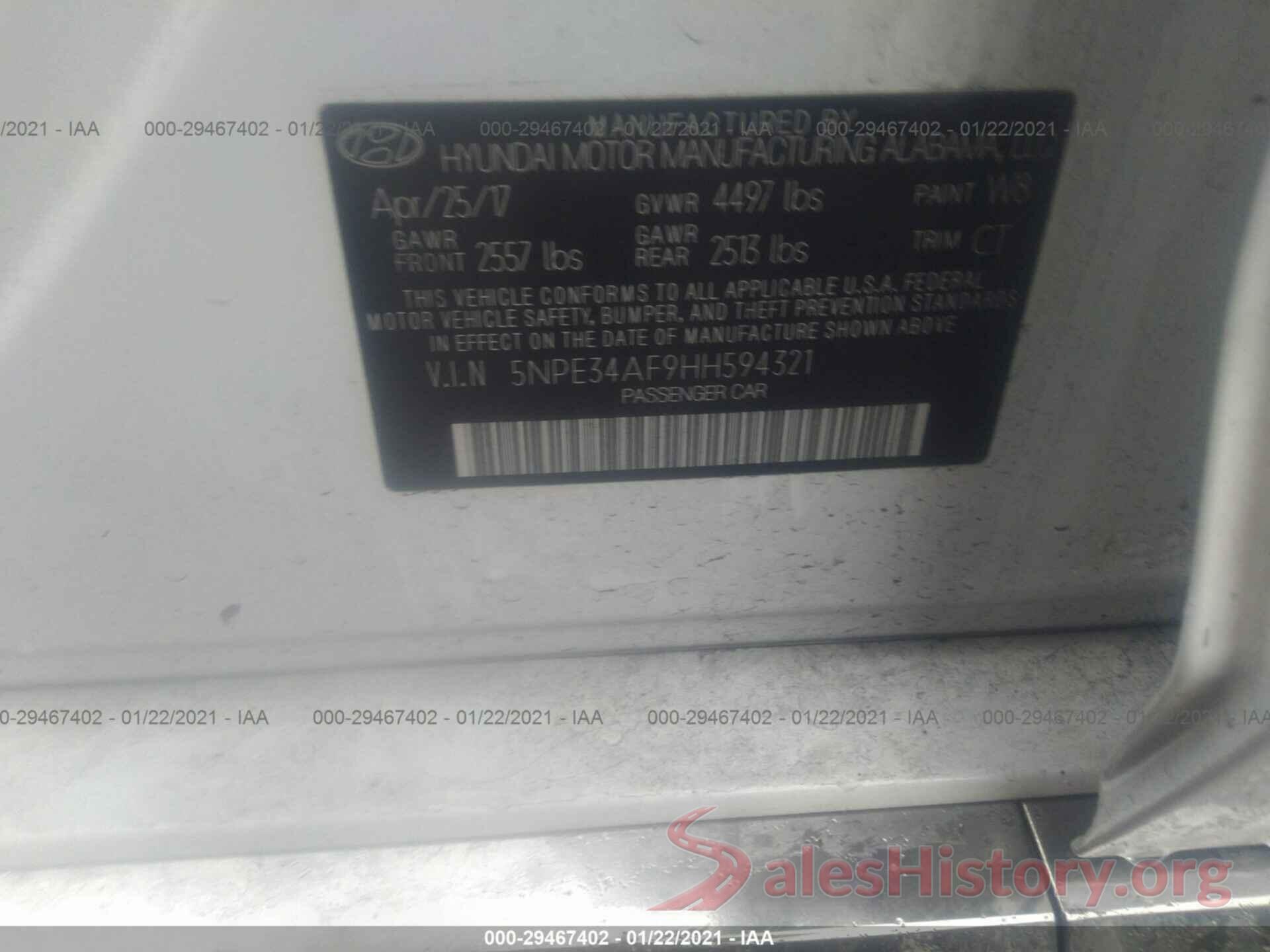 5NPE34AF9HH594321 2017 HYUNDAI SONATA