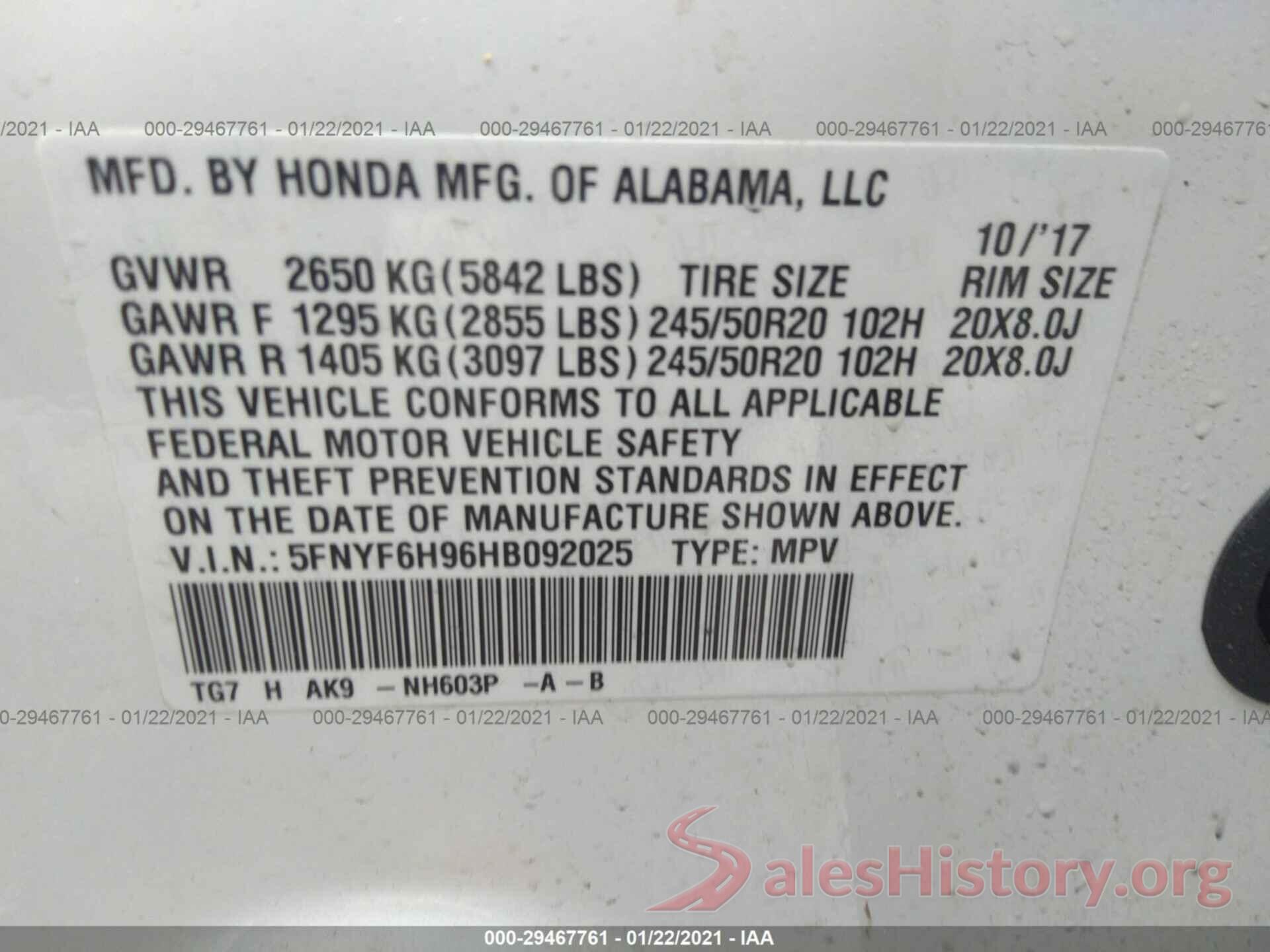 5FNYF6H96HB092025 2017 HONDA PILOT