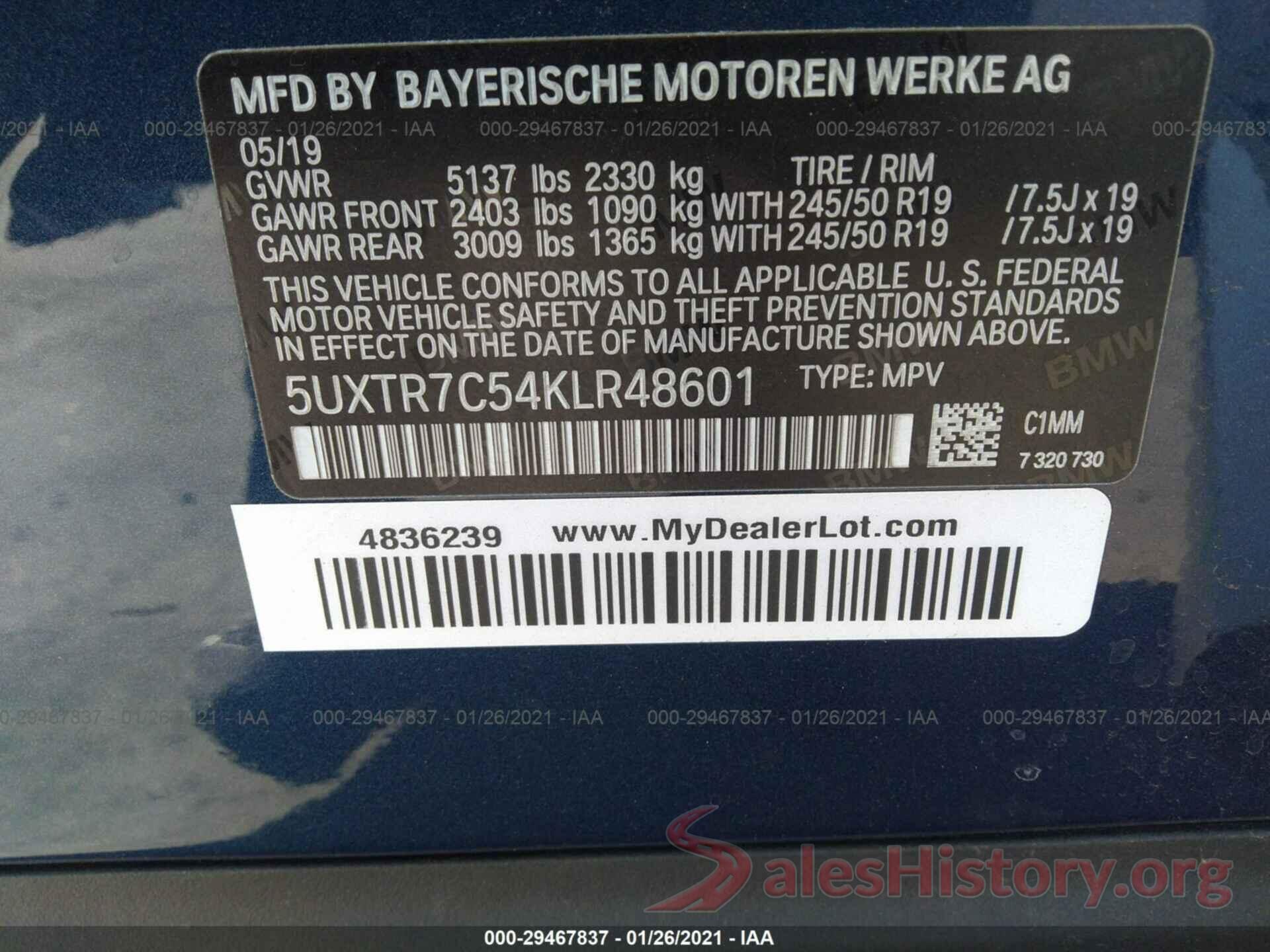 5UXTR7C54KLR48601 2019 BMW X3