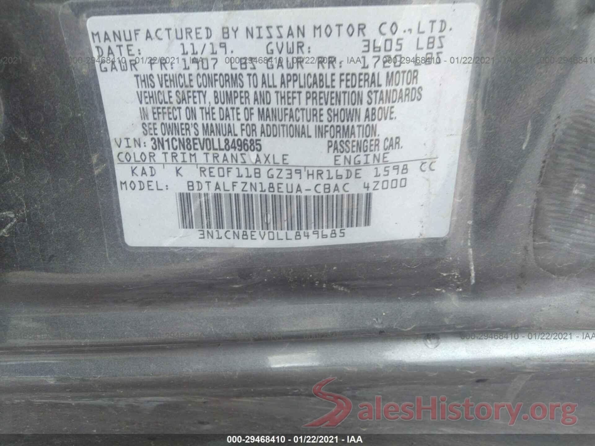 3N1CN8EV0LL849685 2020 NISSAN VERSA