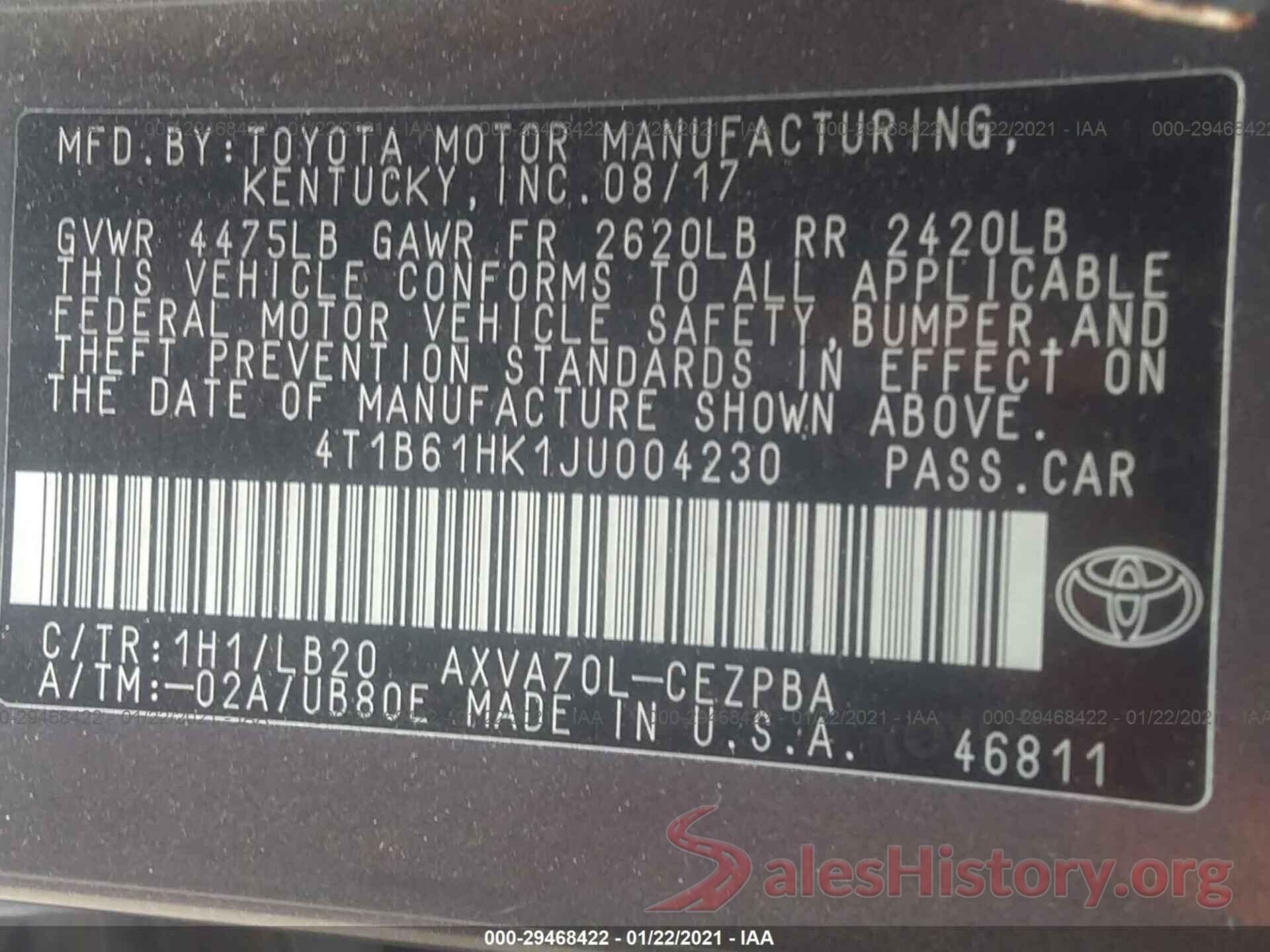 4T1B61HK1JU004230 2018 TOYOTA CAMRY