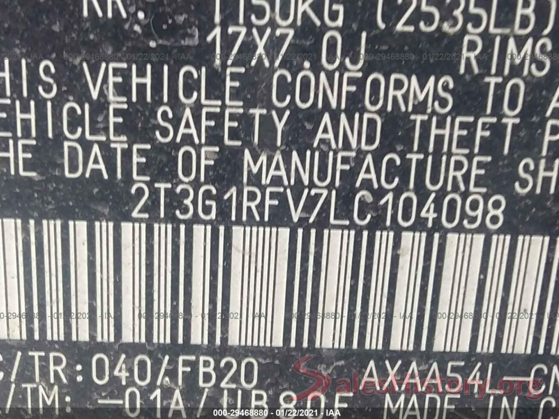 2T3G1RFV7LC104098 2020 TOYOTA RAV4