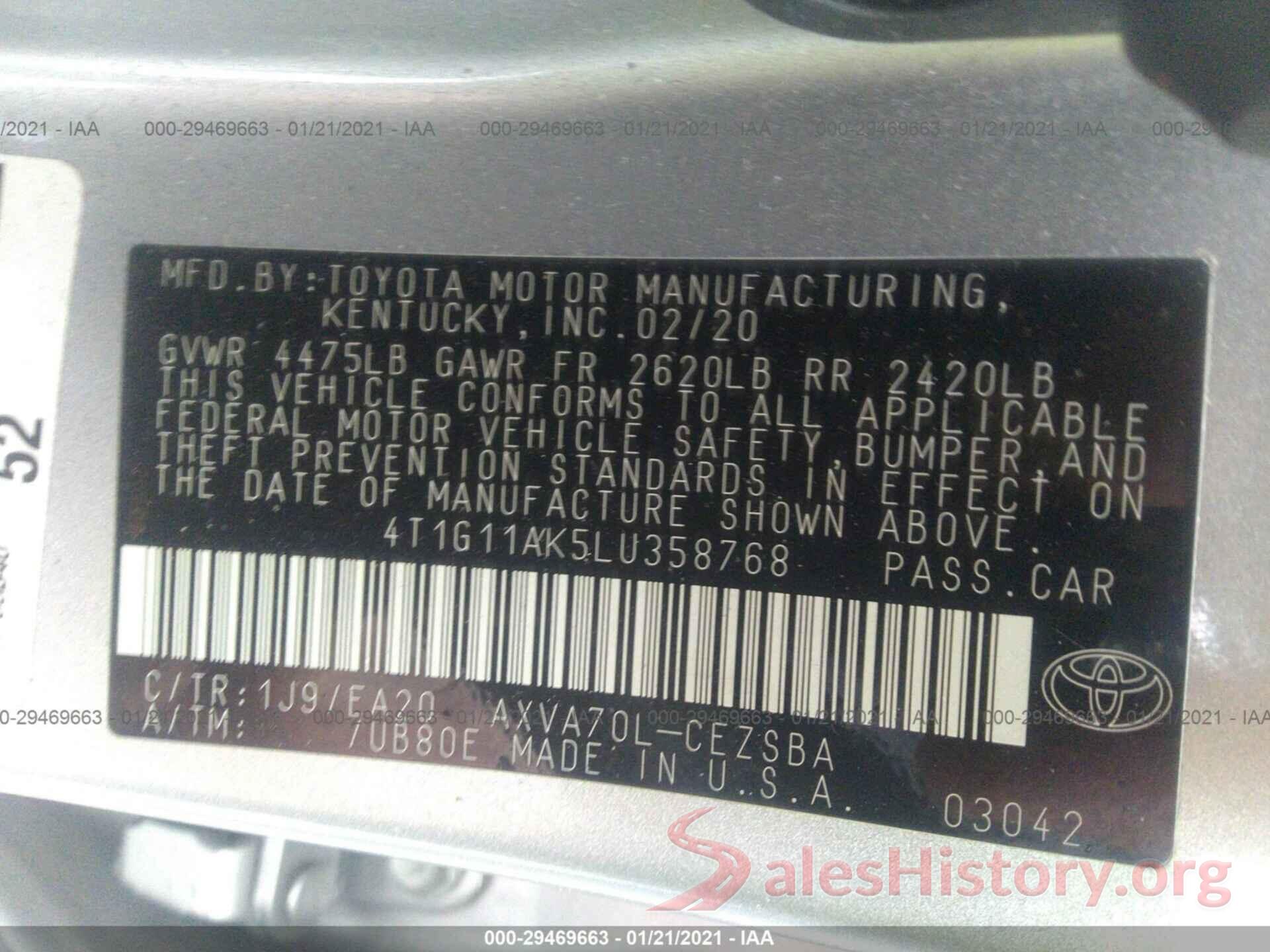 4T1G11AK5LU358768 2020 TOYOTA CAMRY