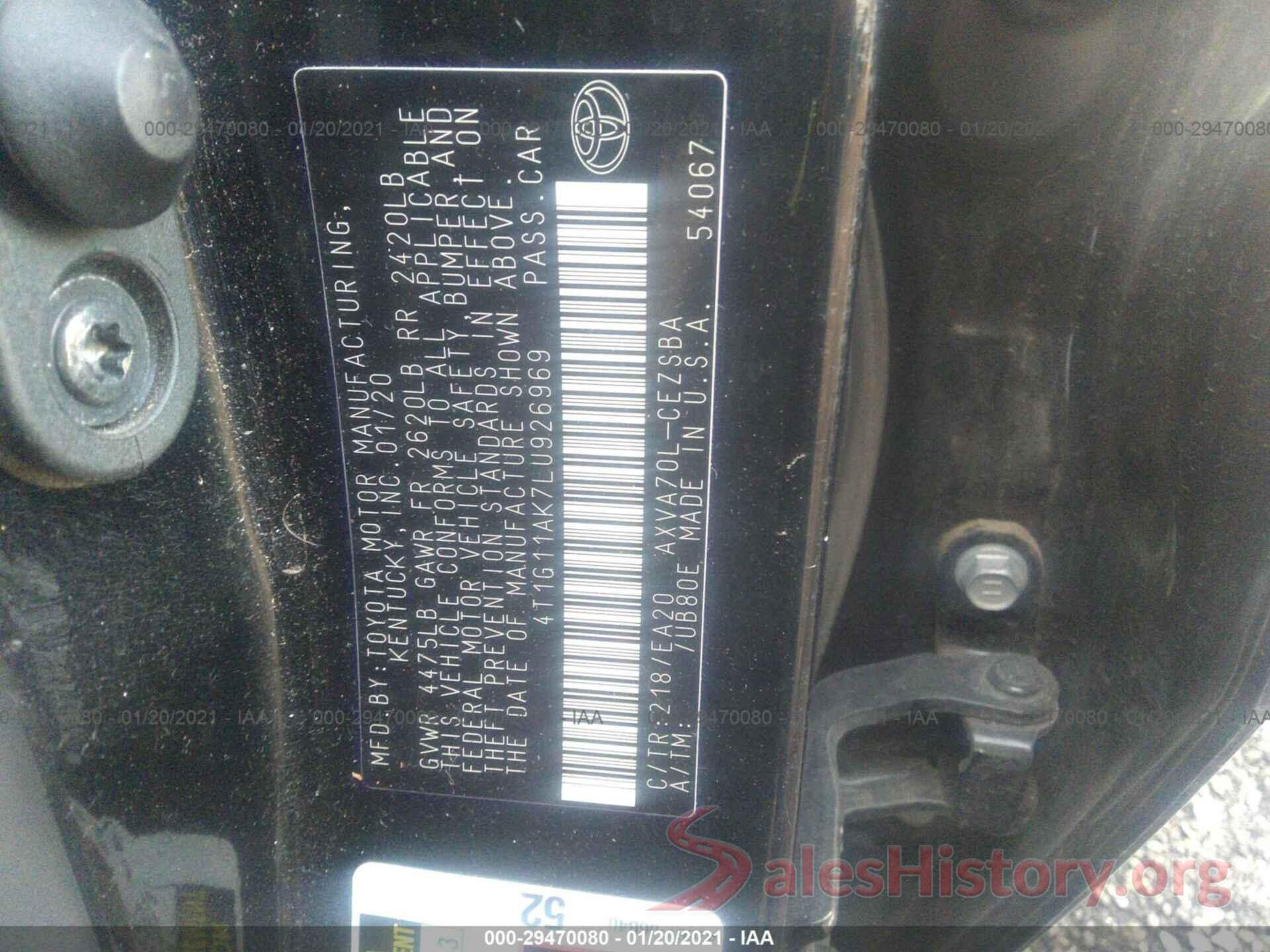 4T1G11AK7LU926969 2020 TOYOTA CAMRY